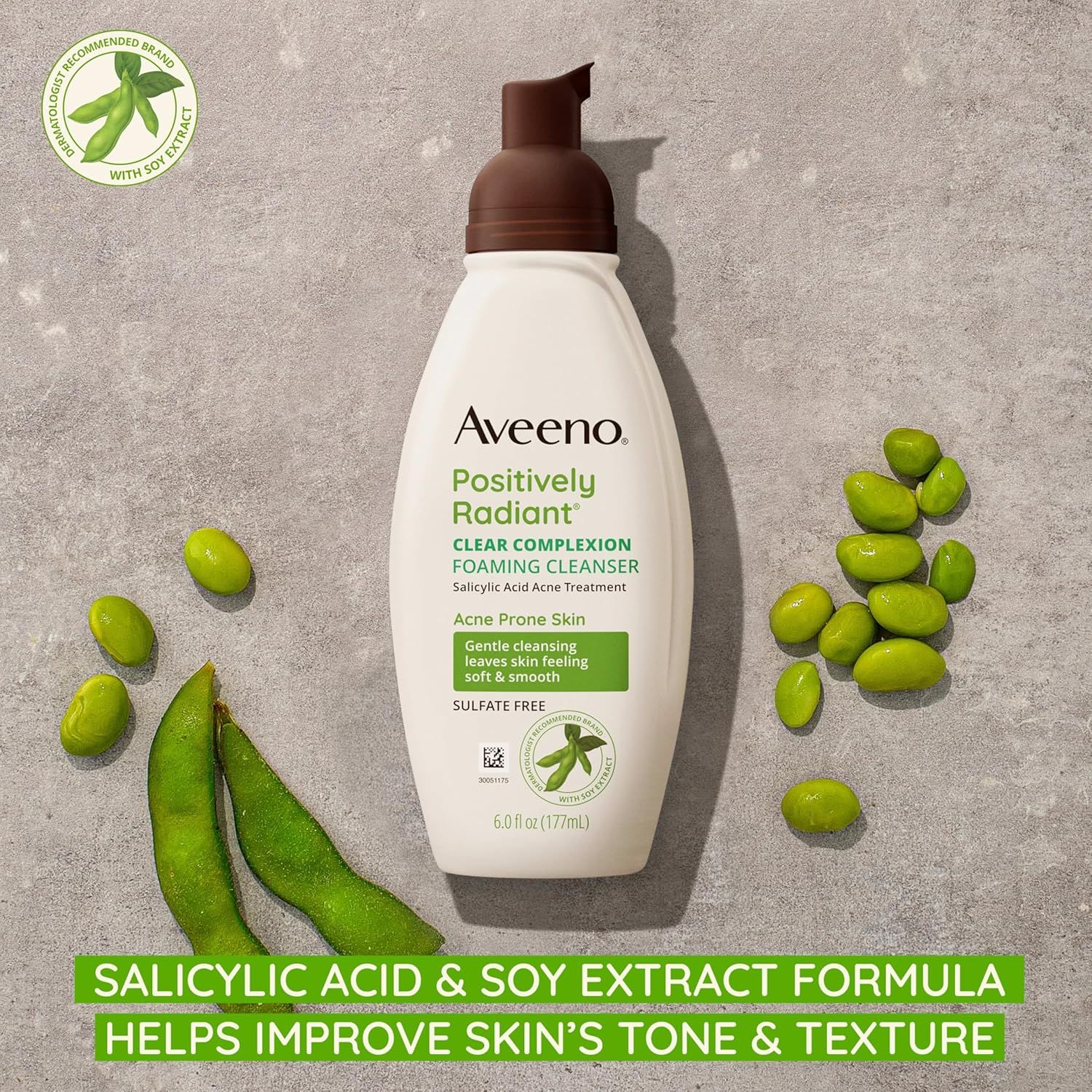 Communicates the key ingredient formula and its primary benefit of improving skin tone and texture, reassuring shoppers about the product's effectiveness for acne-prone skin.