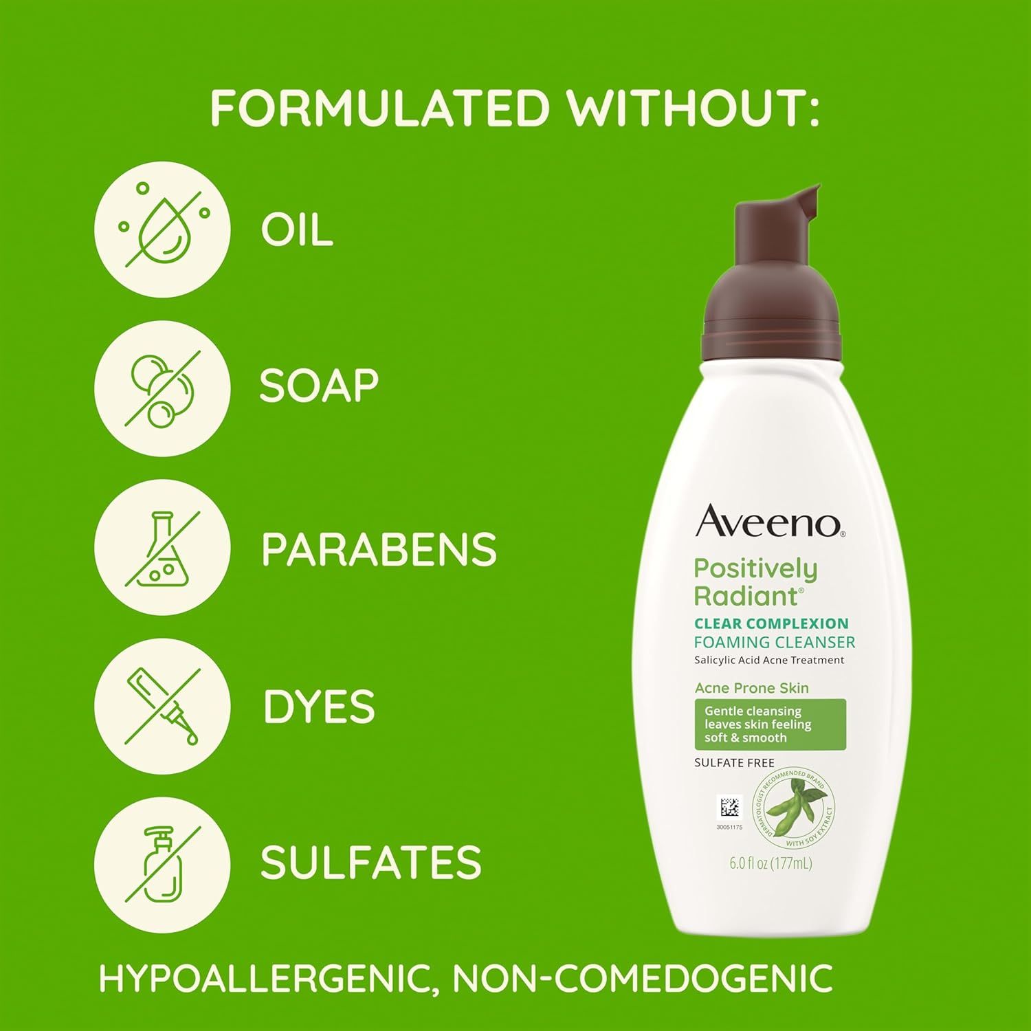 Communicates multiple safety and formulation benefits by showing what harmful ingredients are excluded from the product, reassuring shoppers with sensitive or acne-prone skin that the cleanser is…