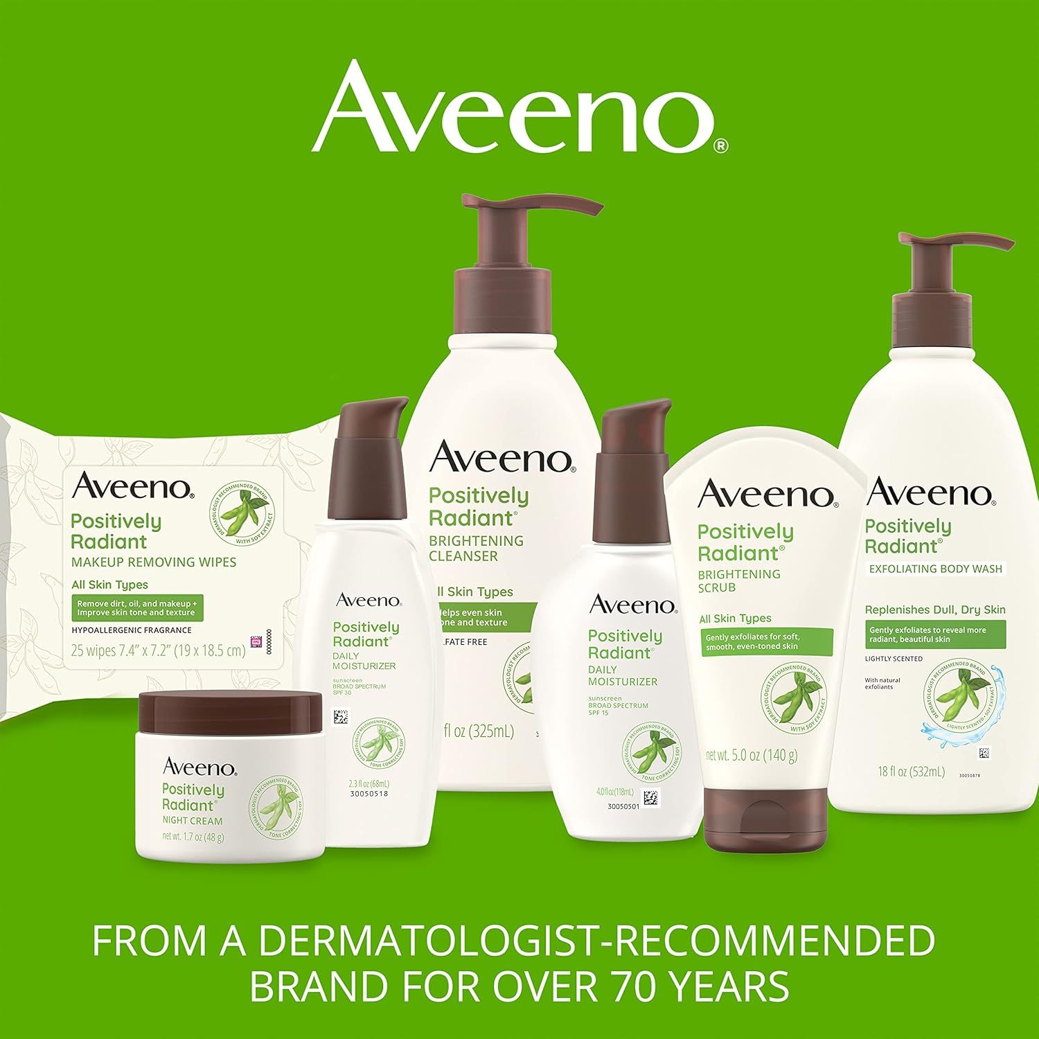 Showcases the Aveeno Positively Radiant product line and reinforces brand credibility by highlighting dermatologist recommendation for over 70 years, building trust and helping shoppers understand…