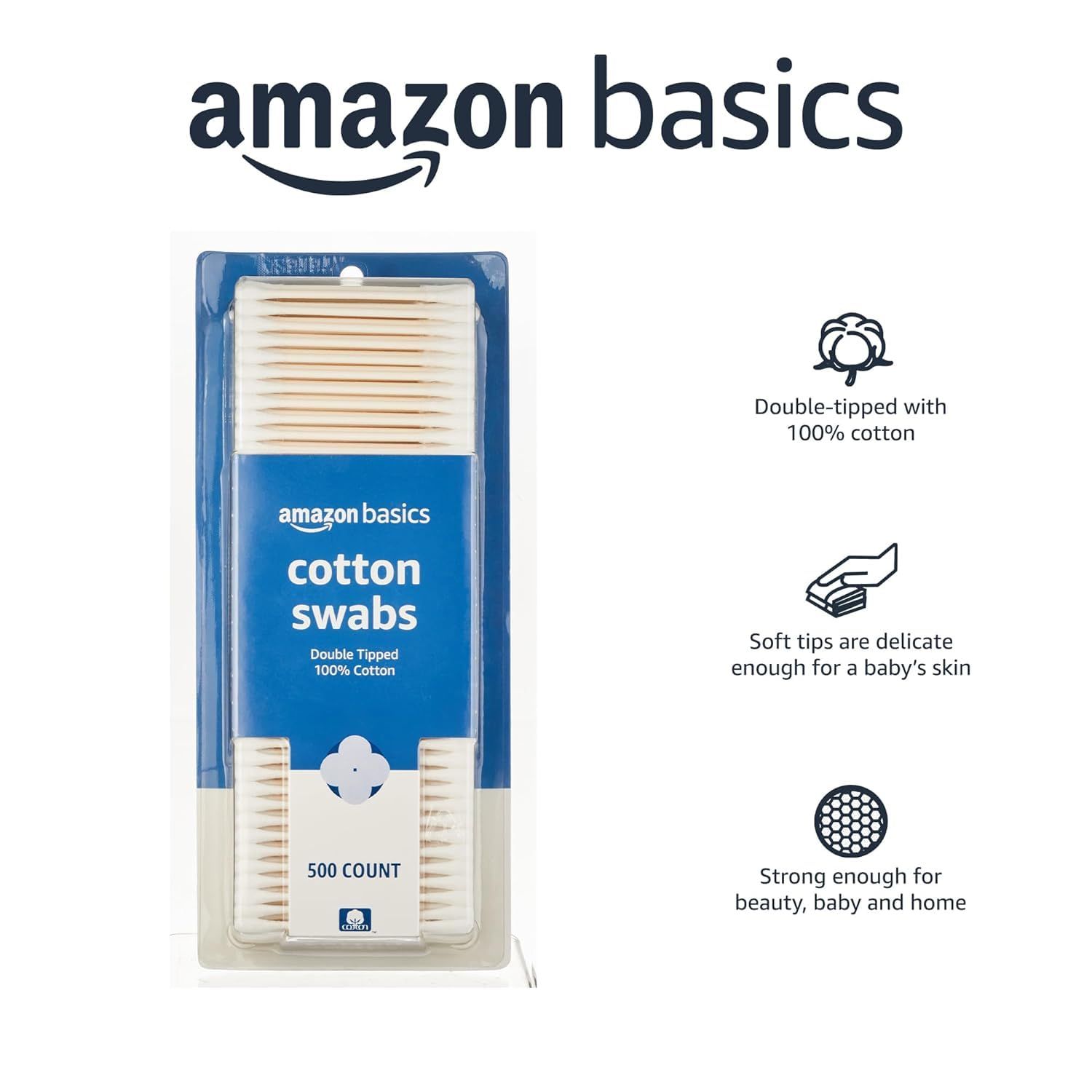 Communicates three distinct product benefits in a segmented layout: the double-tipped 100% cotton construction, gentleness suitable for baby's delicate skin, and durability for multiple uses across…
