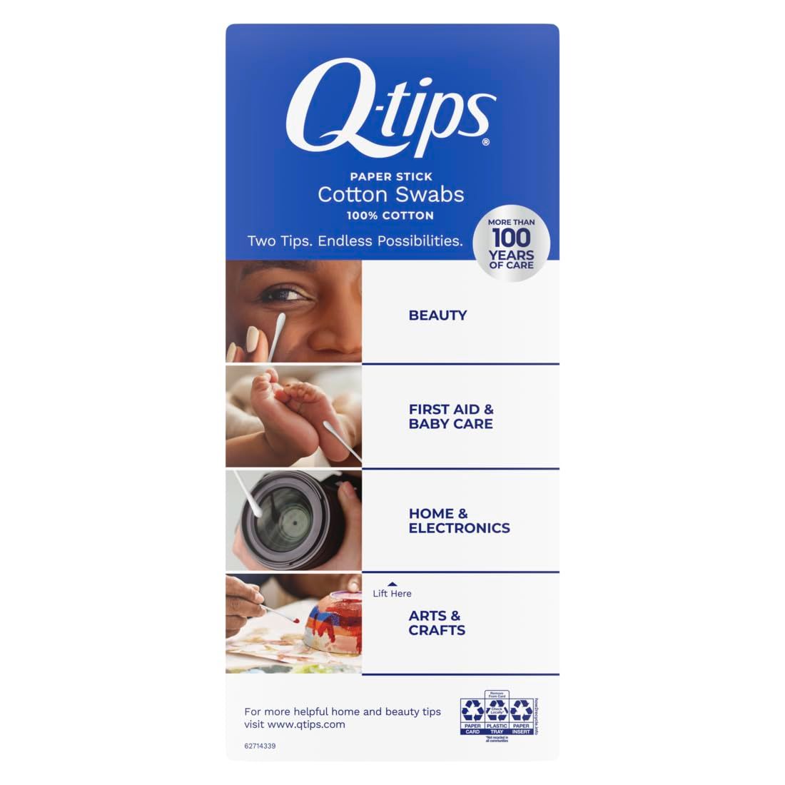 Demonstrates the versatility of Q-tips cotton swabs by showing four distinct use-case scenarios, reassuring shoppers that the product serves multiple purposes across different aspects of daily life.