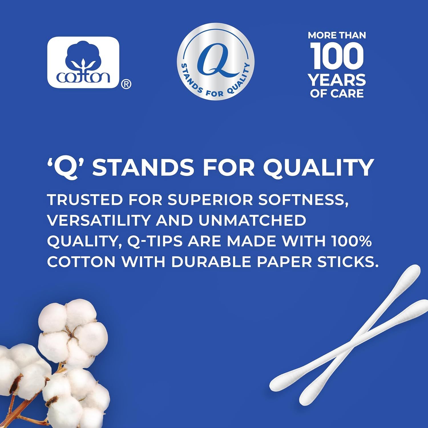 Communicates the brand's heritage (100+ years of care), quality certifications (Cotton and Q-Stands for Quality logos), and material composition to build trust and credibility with shoppers.