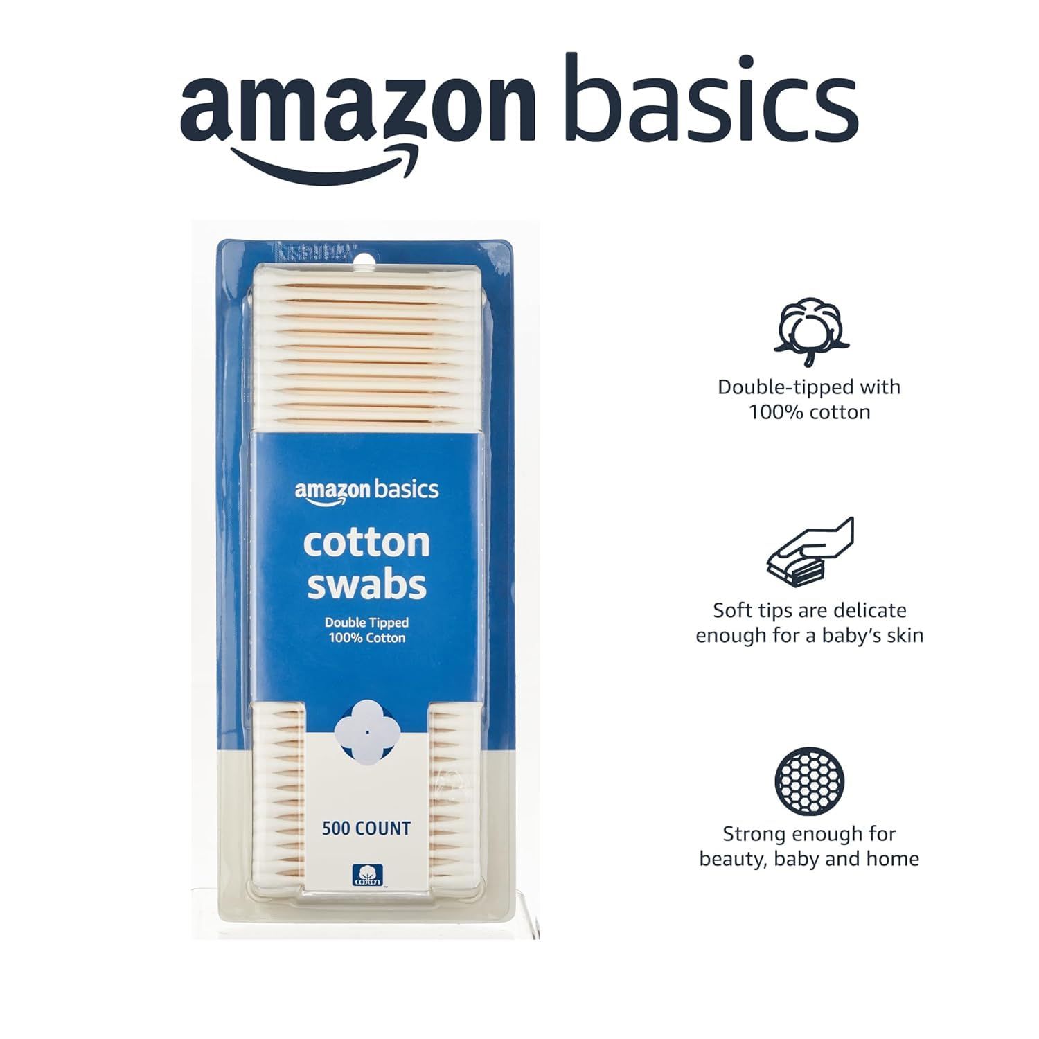 Communicates three distinct product benefits in a segmented layout: the double-tipped 100% cotton construction, gentleness for baby skin, and versatility for beauty, baby, and home use.