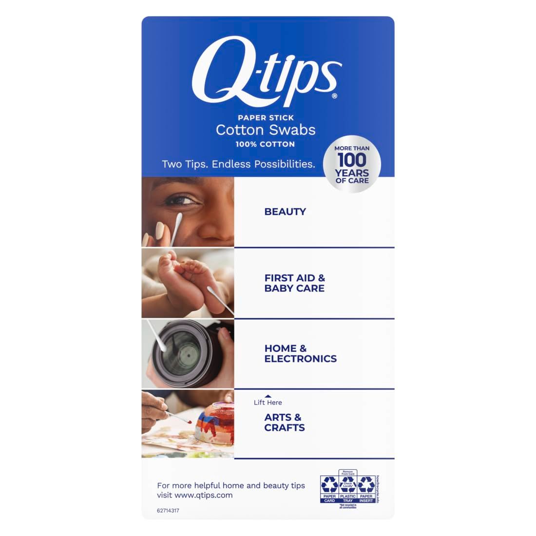Demonstrates the versatility of Q-tips cotton swabs by showing four distinct use-case scenarios, reassuring shoppers that the product serves multiple purposes across different areas of their life.
