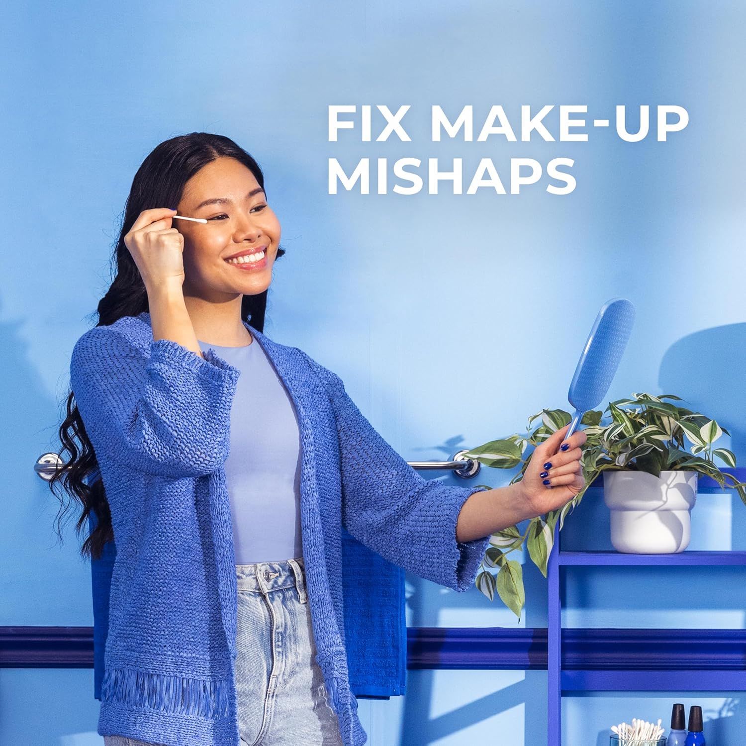Demonstrates a specific use case for the product—correcting makeup mistakes—to show shoppers how the product can solve a common beauty problem. Highlights the product's ability to fix makeup errors…