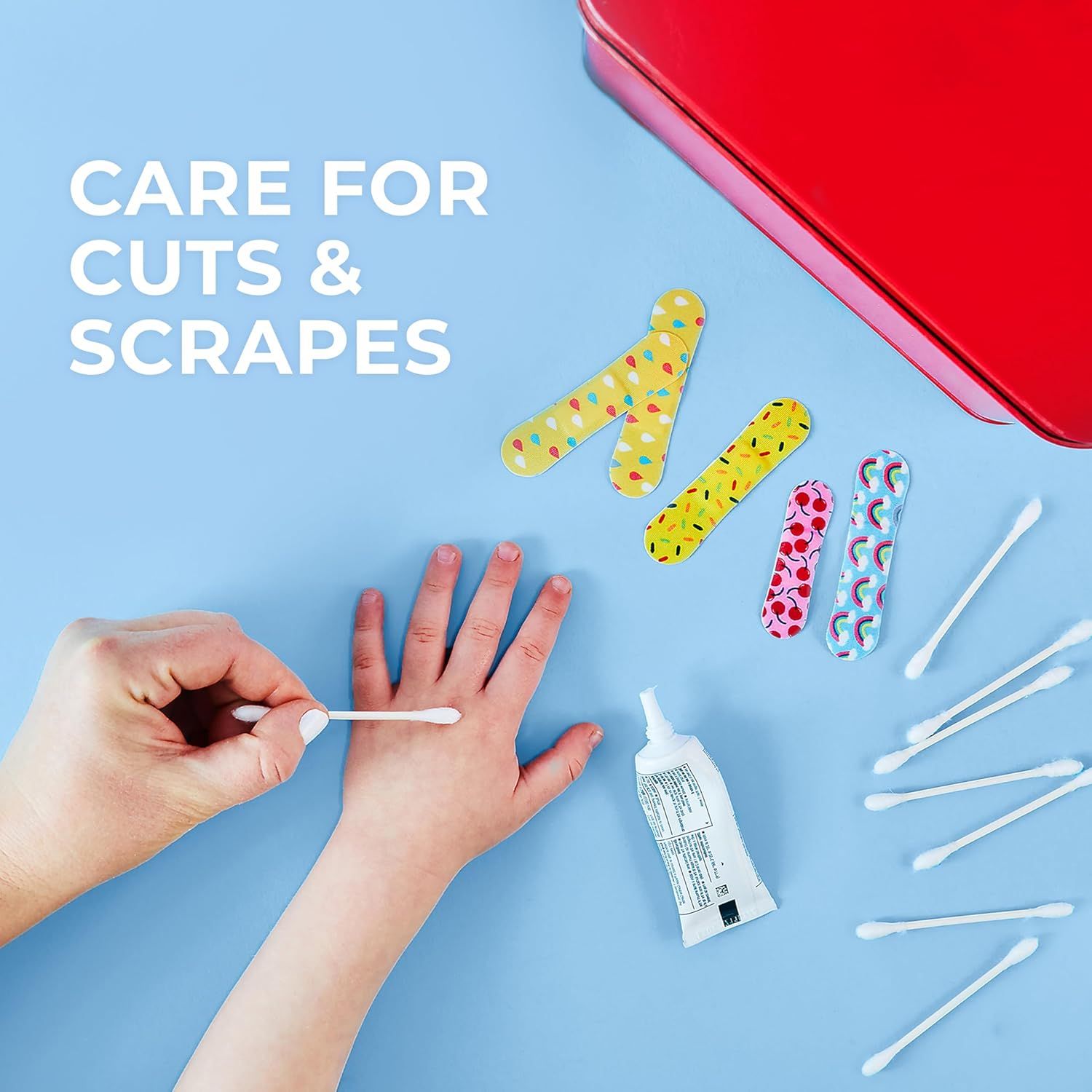 Communicates that the product (bandages and first aid supplies) is designed to care for minor injuries like cuts and scrapes, reassuring parents and caregivers of its practical use.
