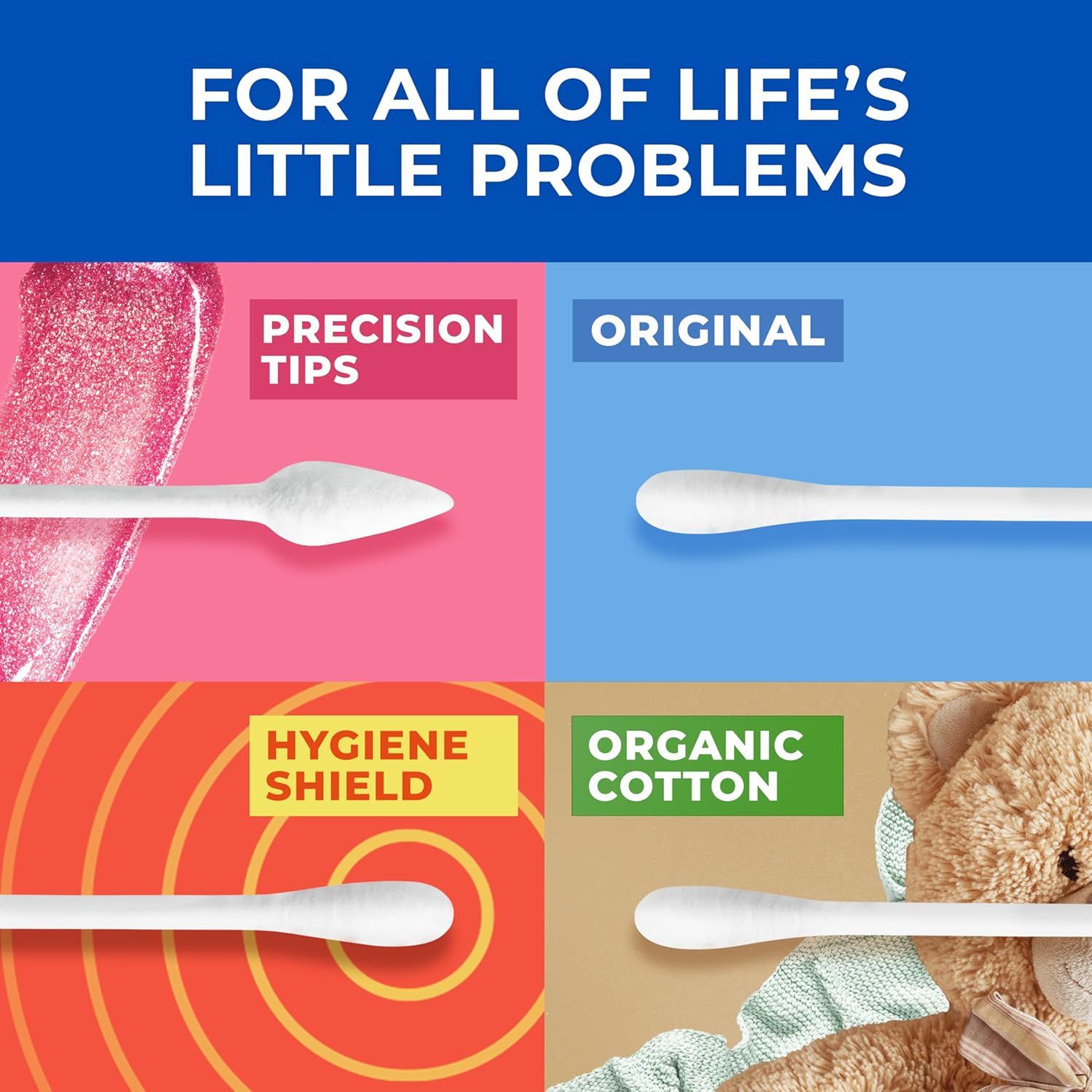 Showcases four distinct product benefits in a segmented grid layout to communicate the product's versatility and multiple selling points for addressing everyday needs.