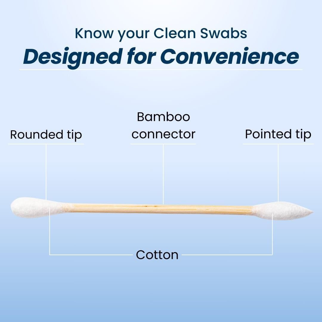 Educates shoppers on the physical components and design features of the cleaning swab, highlighting the dual-tip design and materials for versatility and convenience. Communicates the convenience…