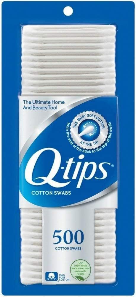 Displays the Q-tips cotton swabs product in its retail packaging on a clean white background, providing a clear catalog-style view of what the customer will receive.