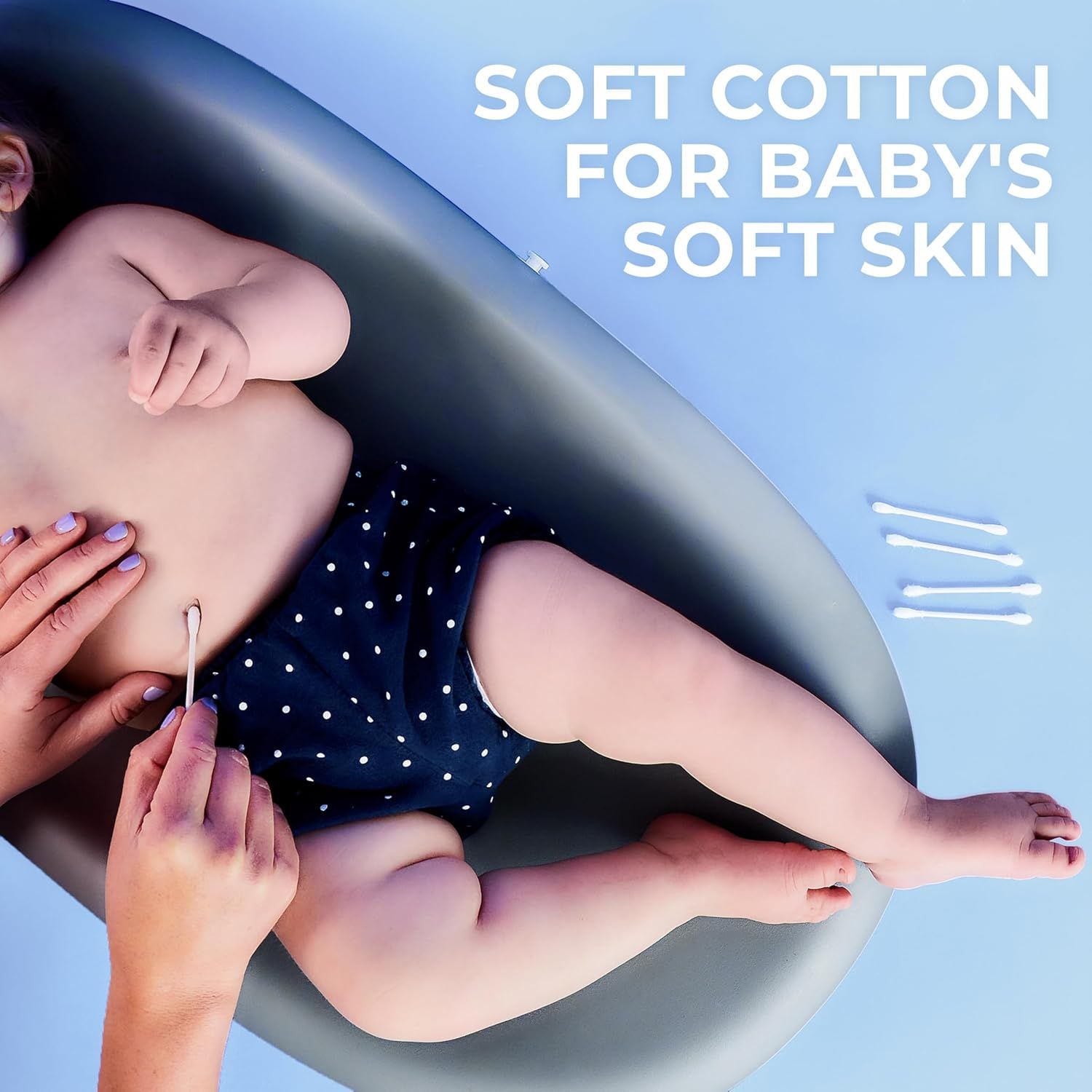 Communicates that the product is made from soft cotton that is safe and gentle for babies' sensitive skin, reassuring parents about comfort and safety.