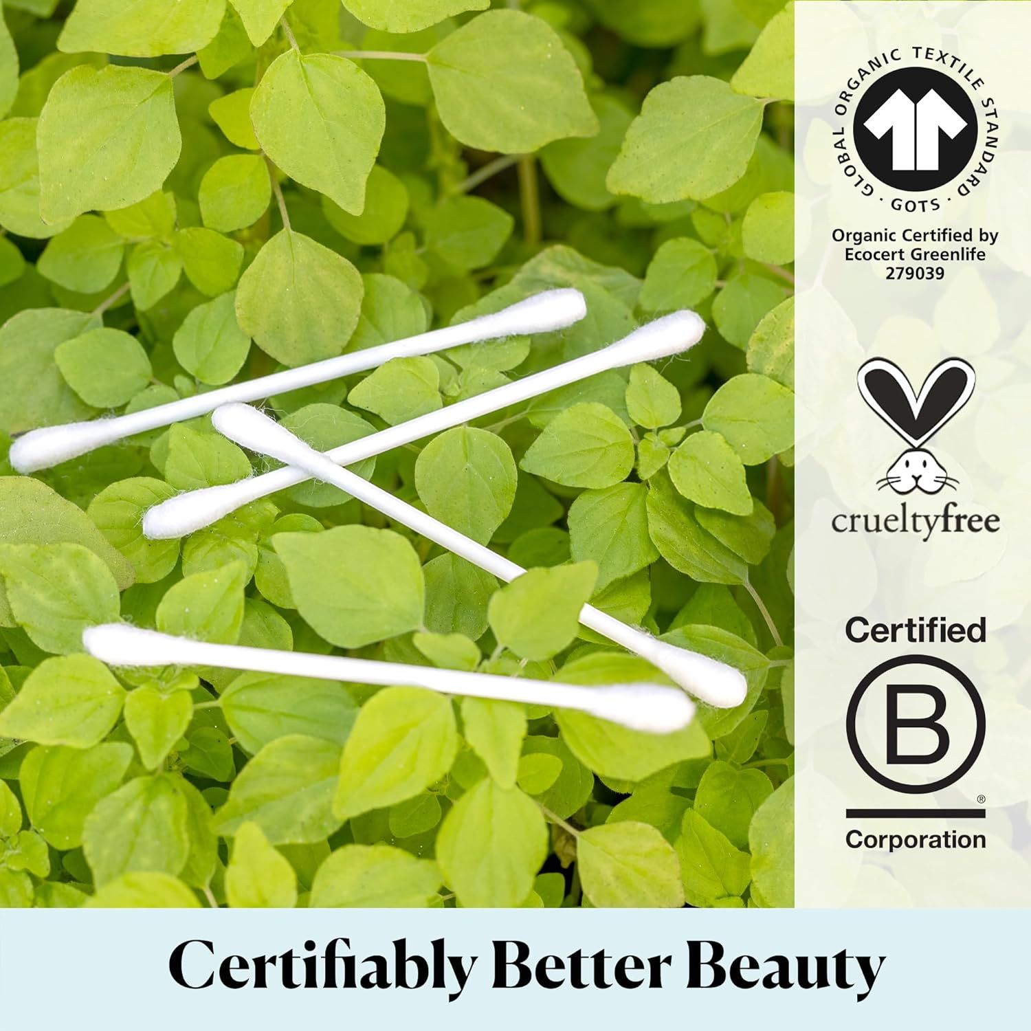 Communicates the product's ethical and environmental credentials through multiple certifications (organic textile, cruelty-free, B Corp) to reassure shoppers about responsible sourcing and production.