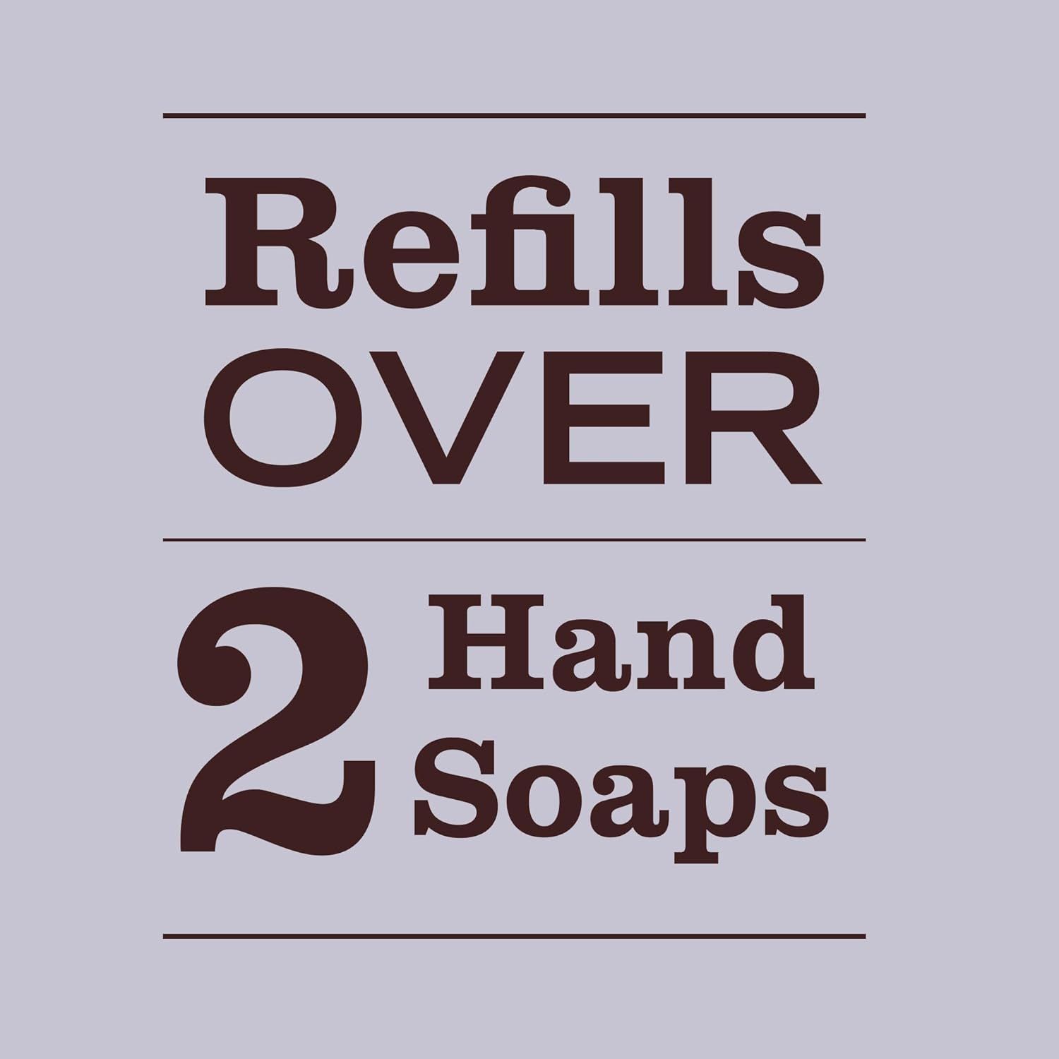 Communicates the product's refill capacity and value by highlighting that one purchase refills over 2 hand soaps, emphasizing cost-effectiveness and sustainability.