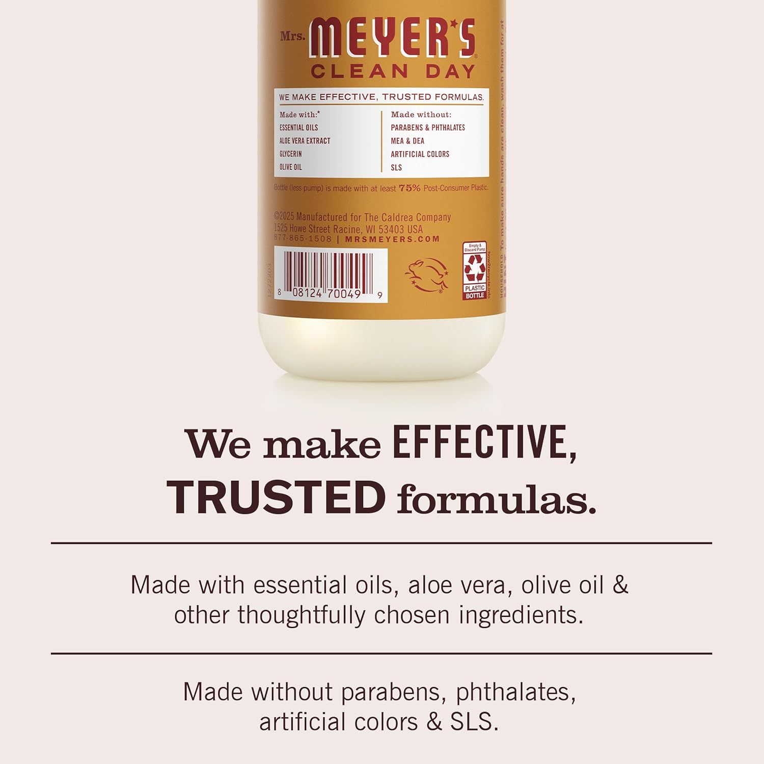 Communicates the brand's commitment to effective, trusted formulas by highlighting what the product is made with (natural ingredients) and what it's made without (harmful chemicals), building trust…