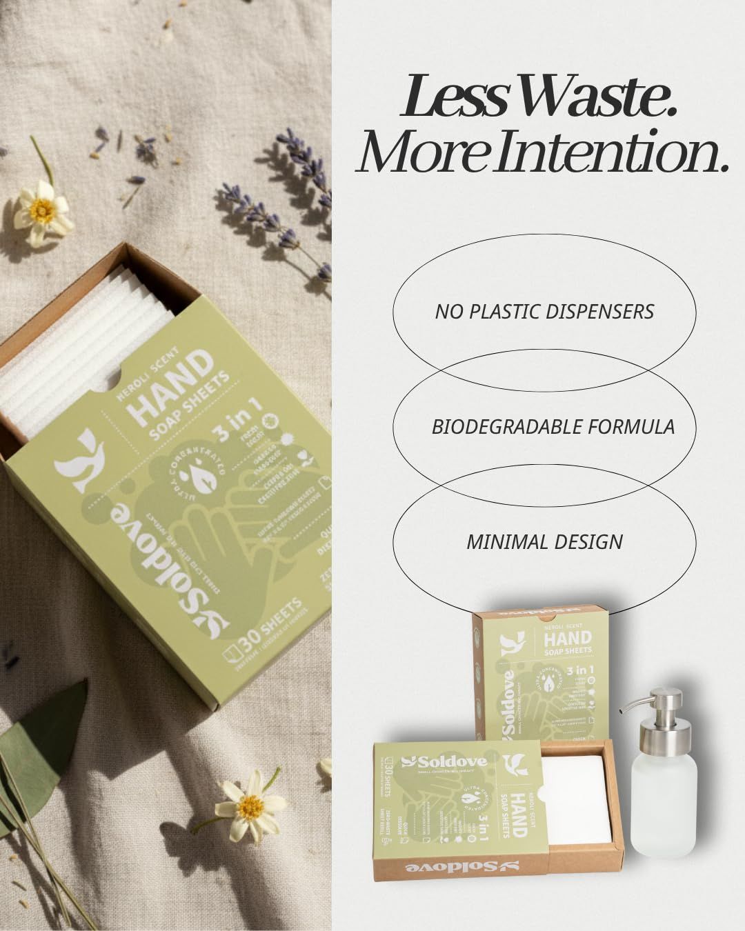 Communicates the product's eco-friendly credentials—no plastic, biodegradable, and minimalist—to appeal to environmentally conscious shoppers seeking sustainable alternatives. Highlights three…