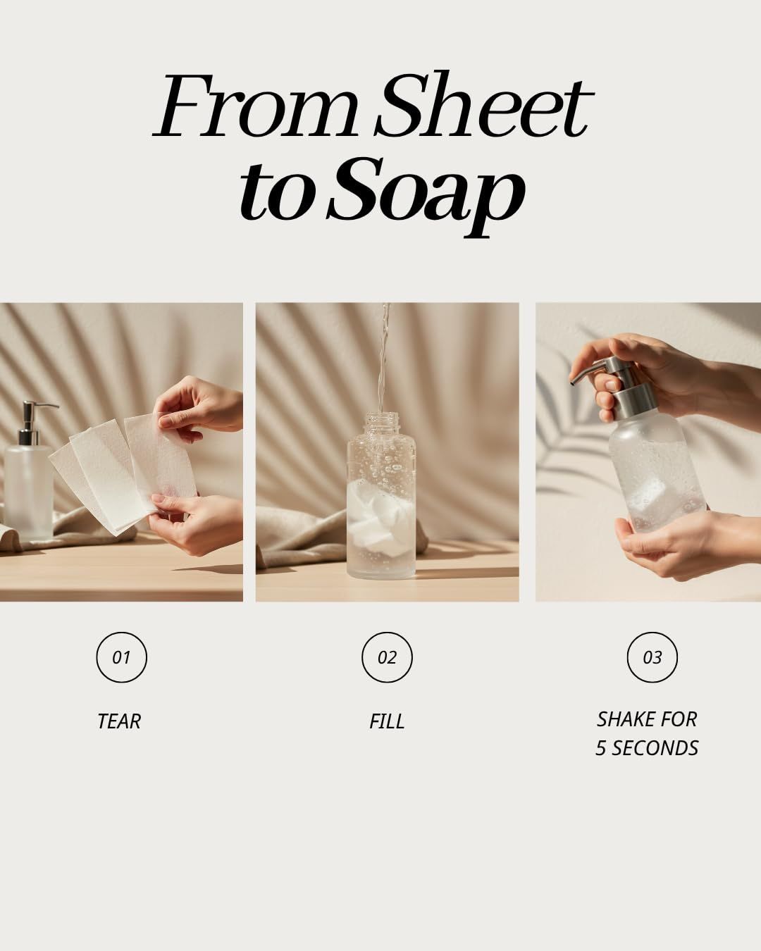 Demonstrates the simple 3-step process for converting soap sheets into liquid soap, reassuring shoppers about ease of use and versatility.
