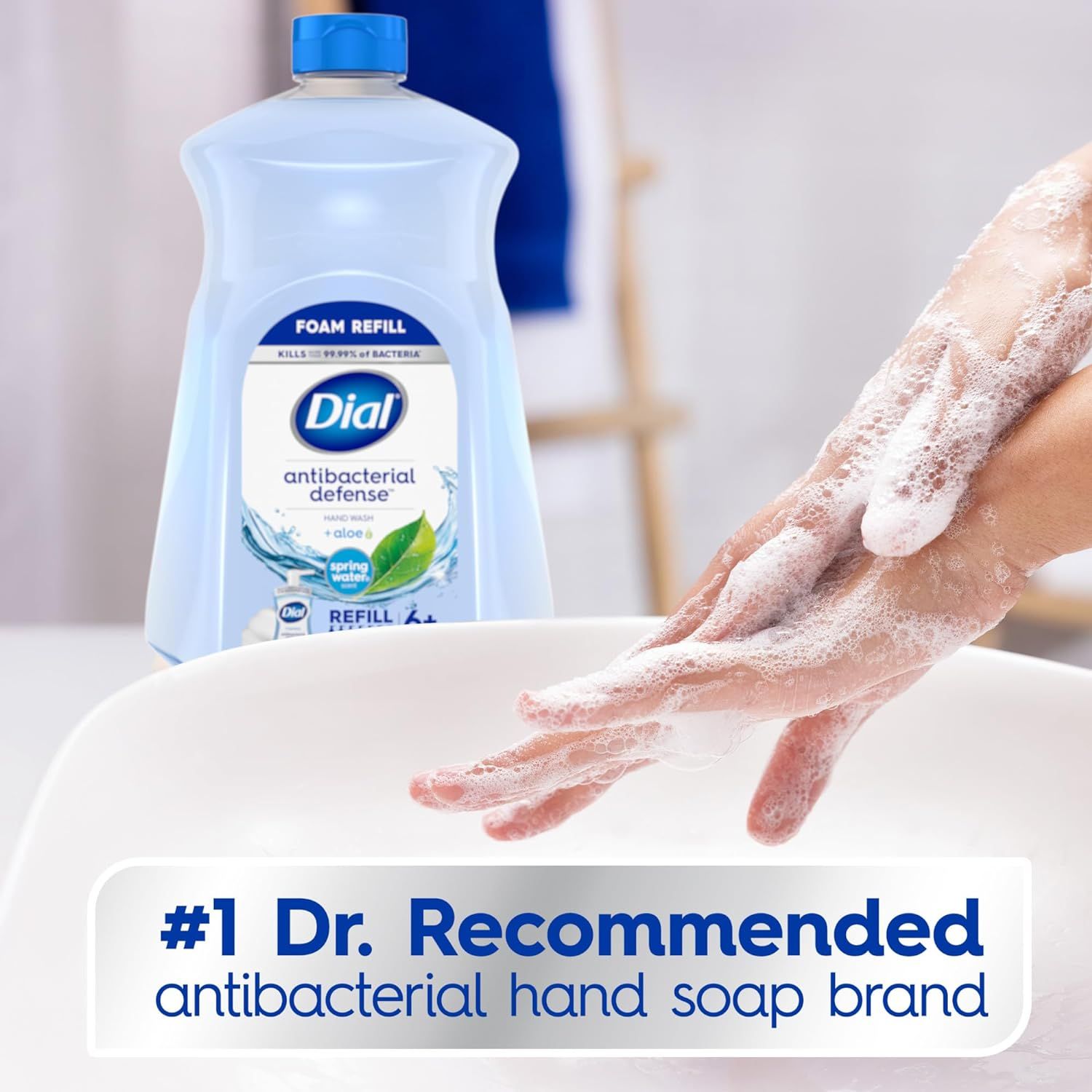 Communicates that Dial is the #1 doctor-recommended antibacterial hand soap brand, building trust and credibility through professional endorsement while showing the product in use.