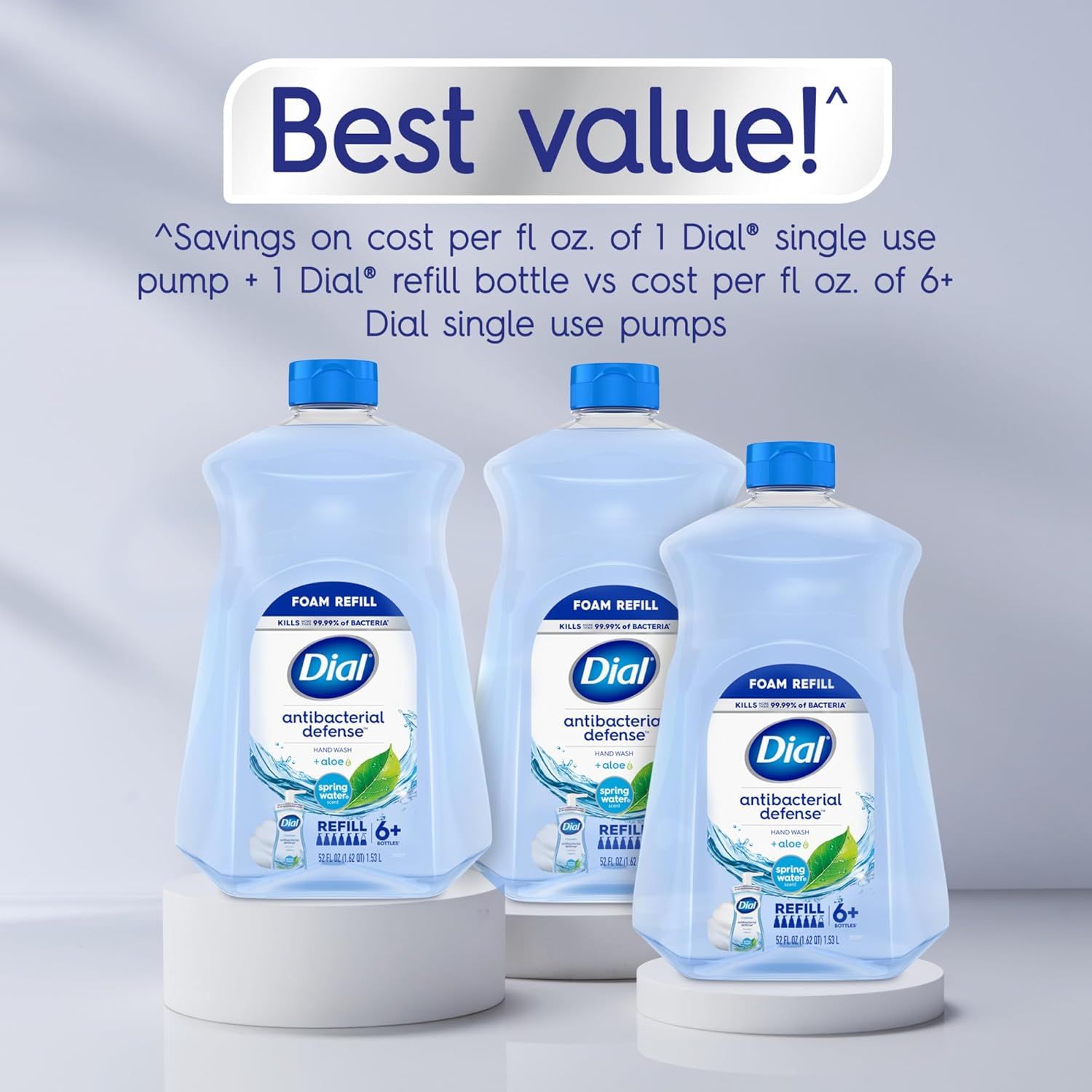 Communicates the cost-effectiveness of buying the refill bottle system versus multiple single-use pumps, emphasizing value and savings to the shopper. Reinforces the primary benefit of choosing the…