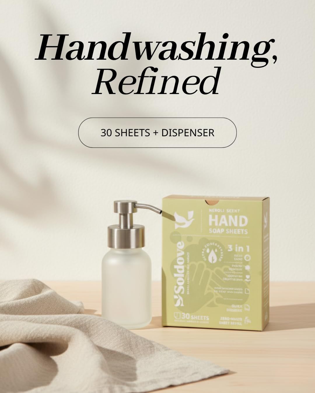 Shows the customer exactly what they receive in the package: hand soap sheets in a box plus a reusable dispenser bottle, clarifying the complete kit contents. Communicates the elevated, premium…