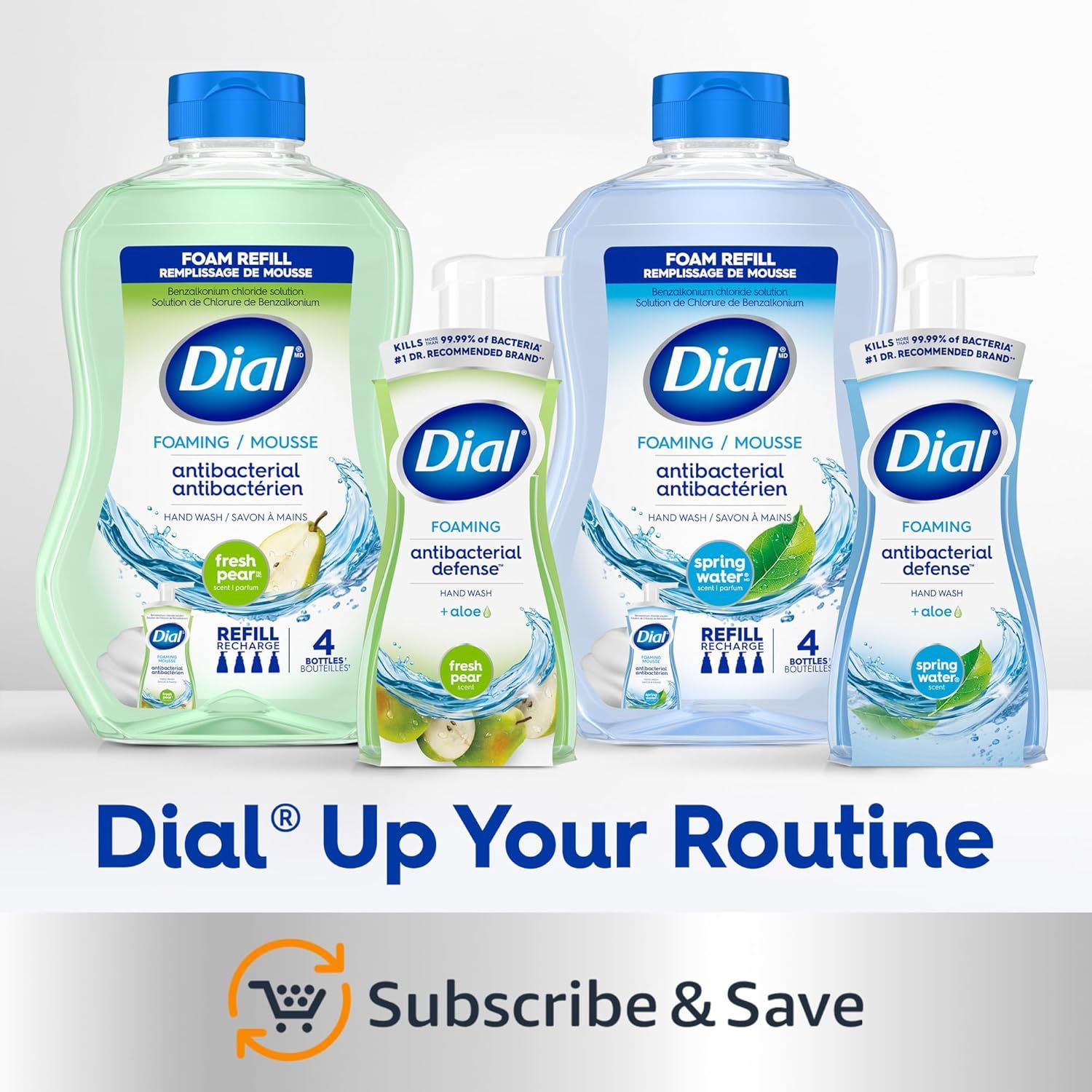 Showcases the Dial brand's product lineup with two scent variants (fresh pear and spring water) and promotes the Subscribe & Save convenience program to encourage recurring purchases.