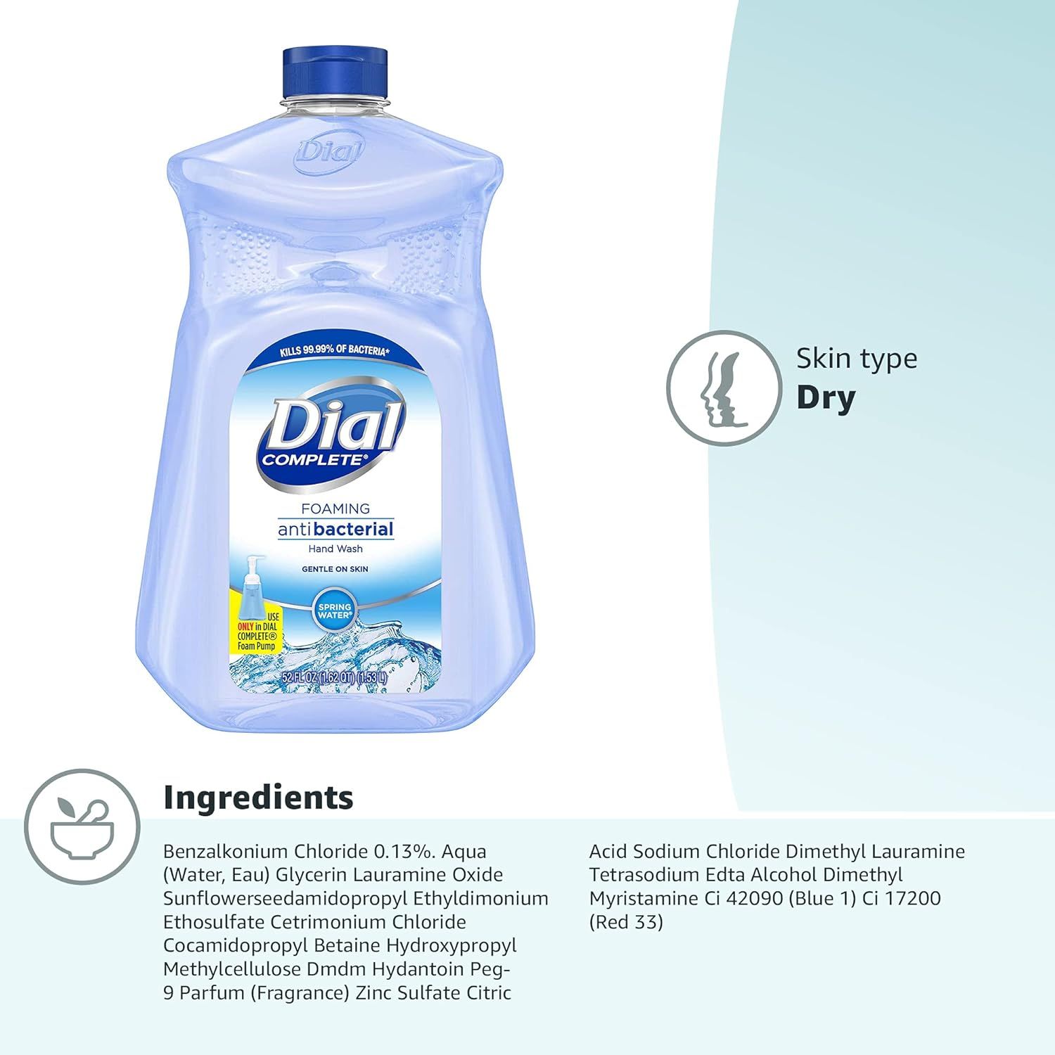 Communicates that the product is suitable for dry skin while providing full ingredient transparency to help shoppers make informed purchasing decisions.