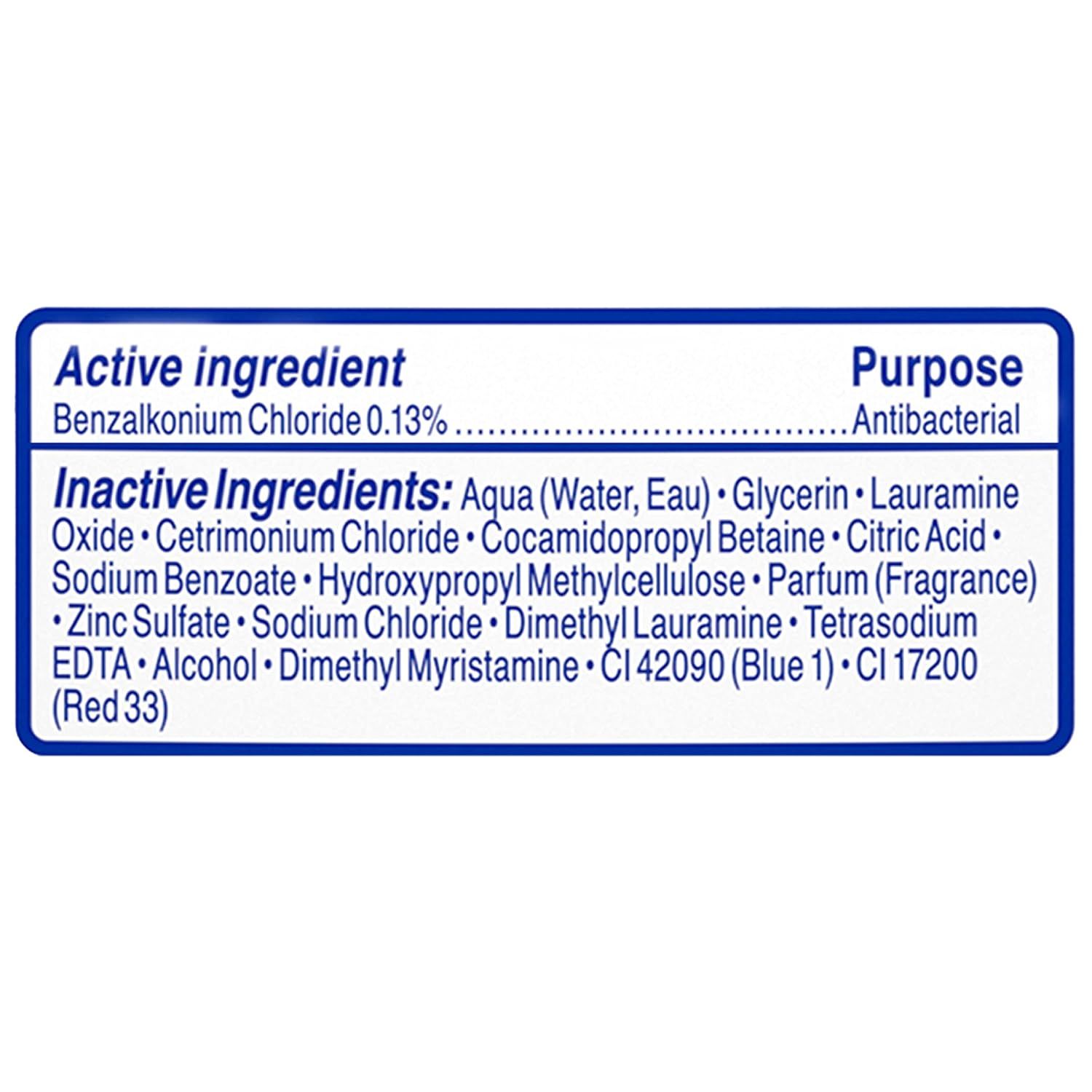Communicates that the product contains an antibacterial active ingredient (Benzalkonium Chloride) to reassure shoppers about its germ-fighting effectiveness.