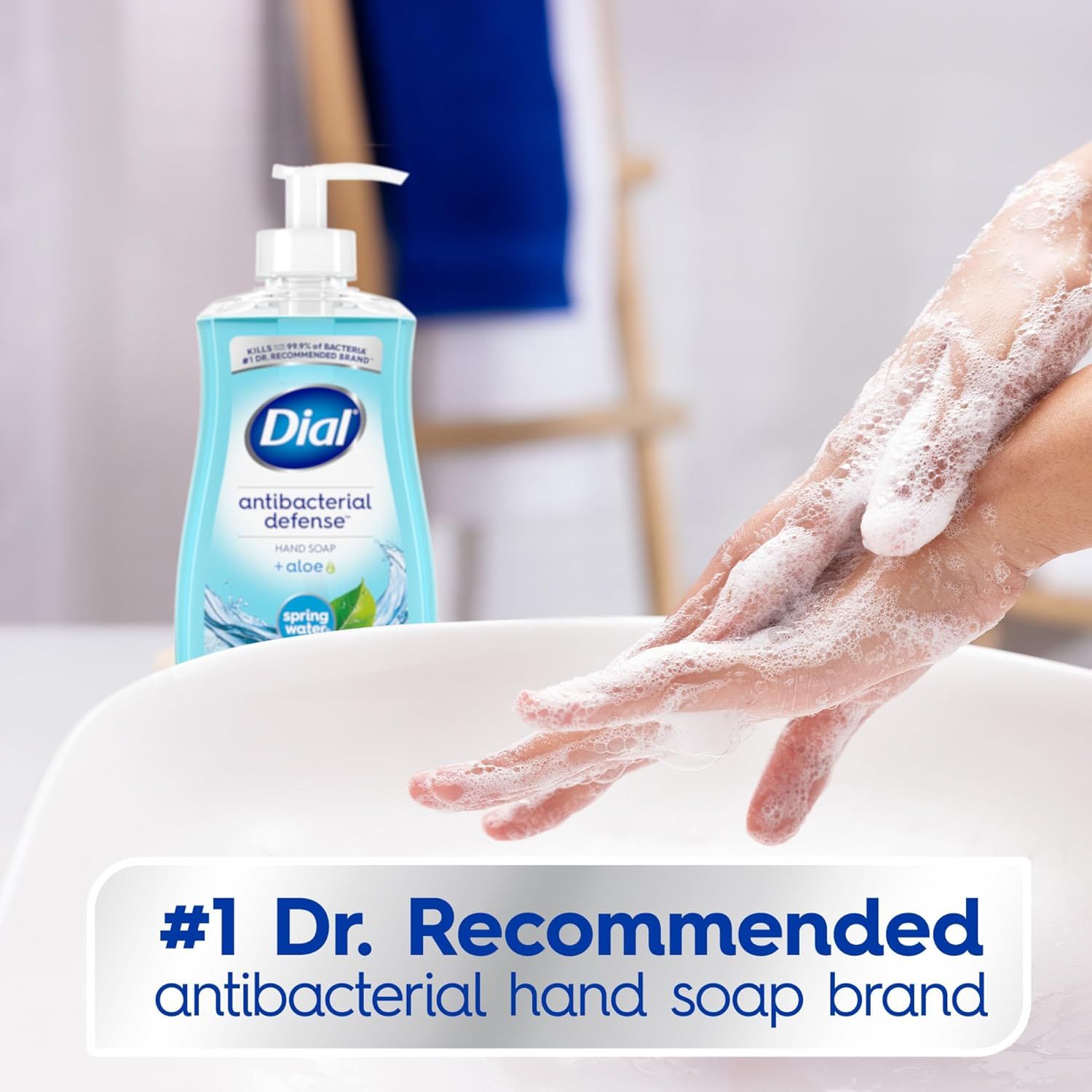 Communicates professional endorsement and credibility by highlighting that Dial is the #1 doctor-recommended antibacterial hand soap brand, building trust and reassuring shoppers of the product's…