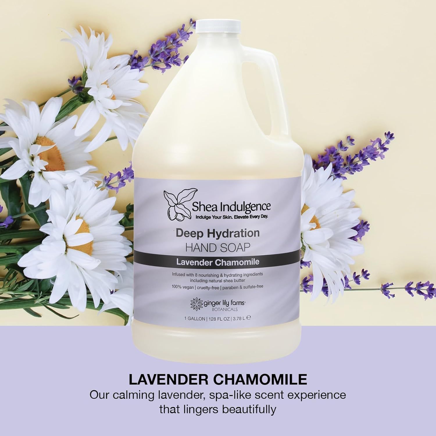 Highlights the product's signature lavender chamomile scent and the calming, spa-like sensory experience it provides to appeal to shoppers seeking relaxation and luxury in their hand care routine.