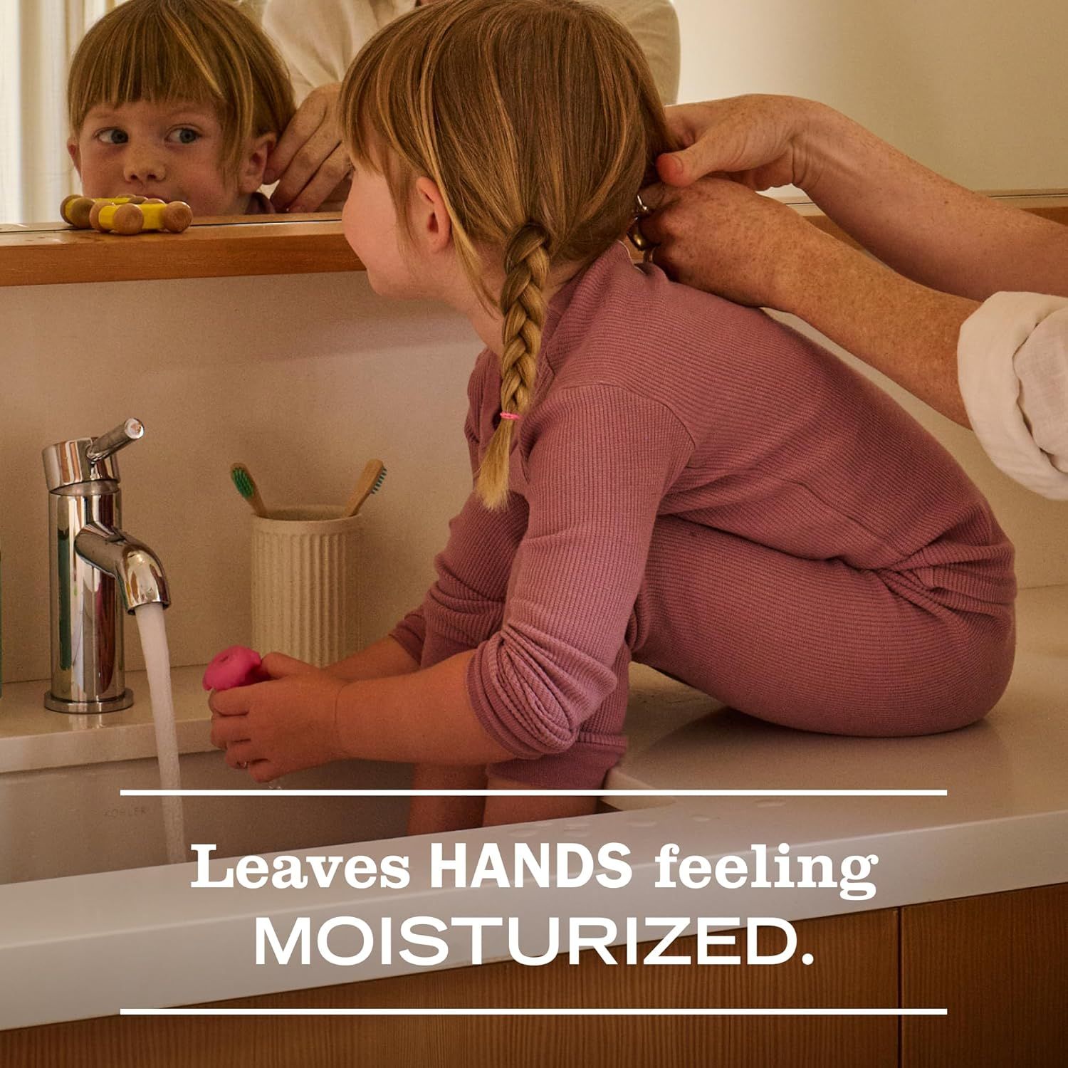 Communicates that the product leaves hands feeling moisturized after use, reassuring shoppers that it provides gentle, hydrating care suitable for children.