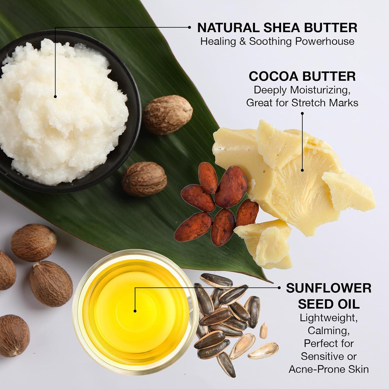 Breaks down the key ingredients in the product, highlighting their individual benefits (healing, moisturizing, calming) to educate shoppers about what makes the formula effective.