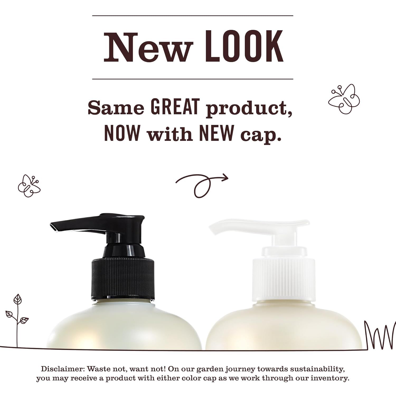 Communicates a packaging change to customers, reassuring them that the product formula remains the same while explaining the new cap design. Also highlights the brand's sustainability commitment.