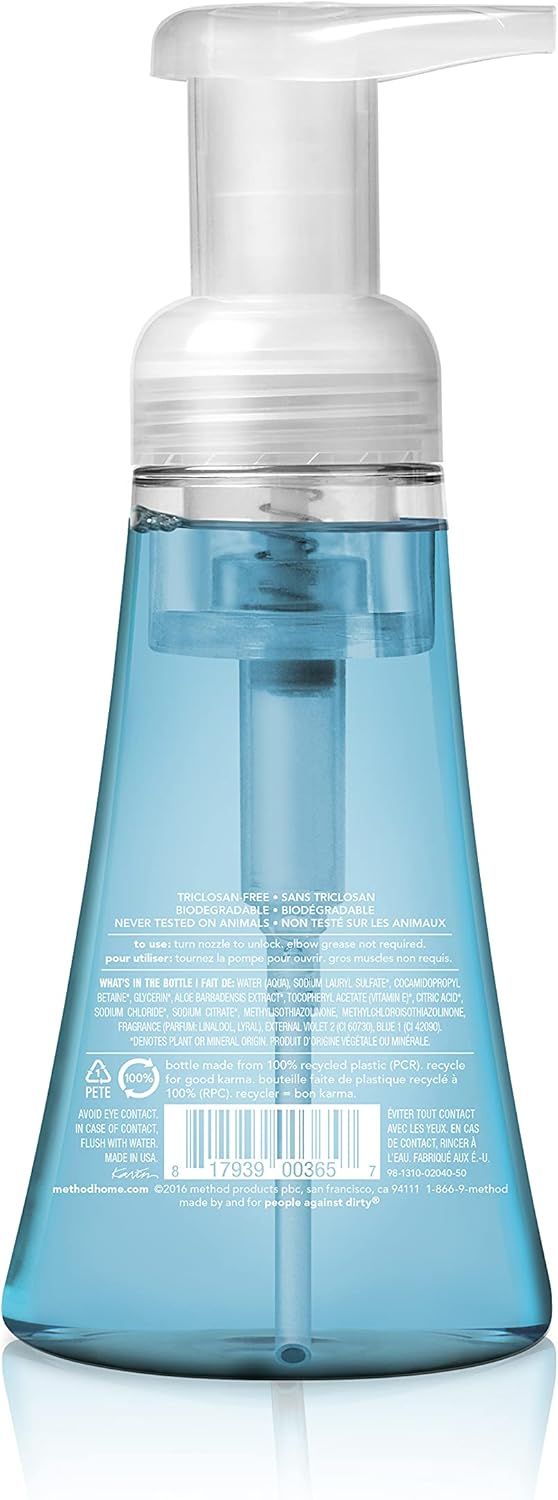 Provides a clean, catalog-style view of the foaming soap dispenser bottle showing the product design, pump mechanism, and blue liquid contents without distractions.