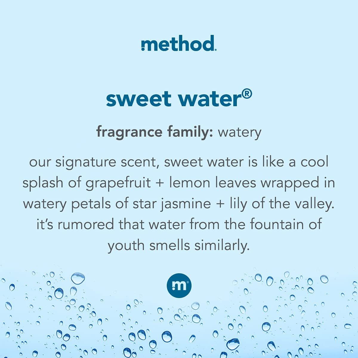Introduces the brand's signature 'sweet water' fragrance and its scent profile to help shoppers understand the product's unique identity and appeal.
