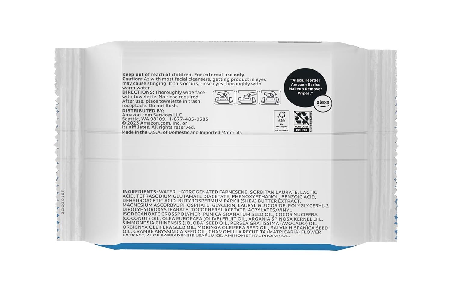 Provides clear step-by-step visual instructions on how to properly use the makeup remover wipes, showing the process of wiping face with the towelette. Displays environmental certifications and…