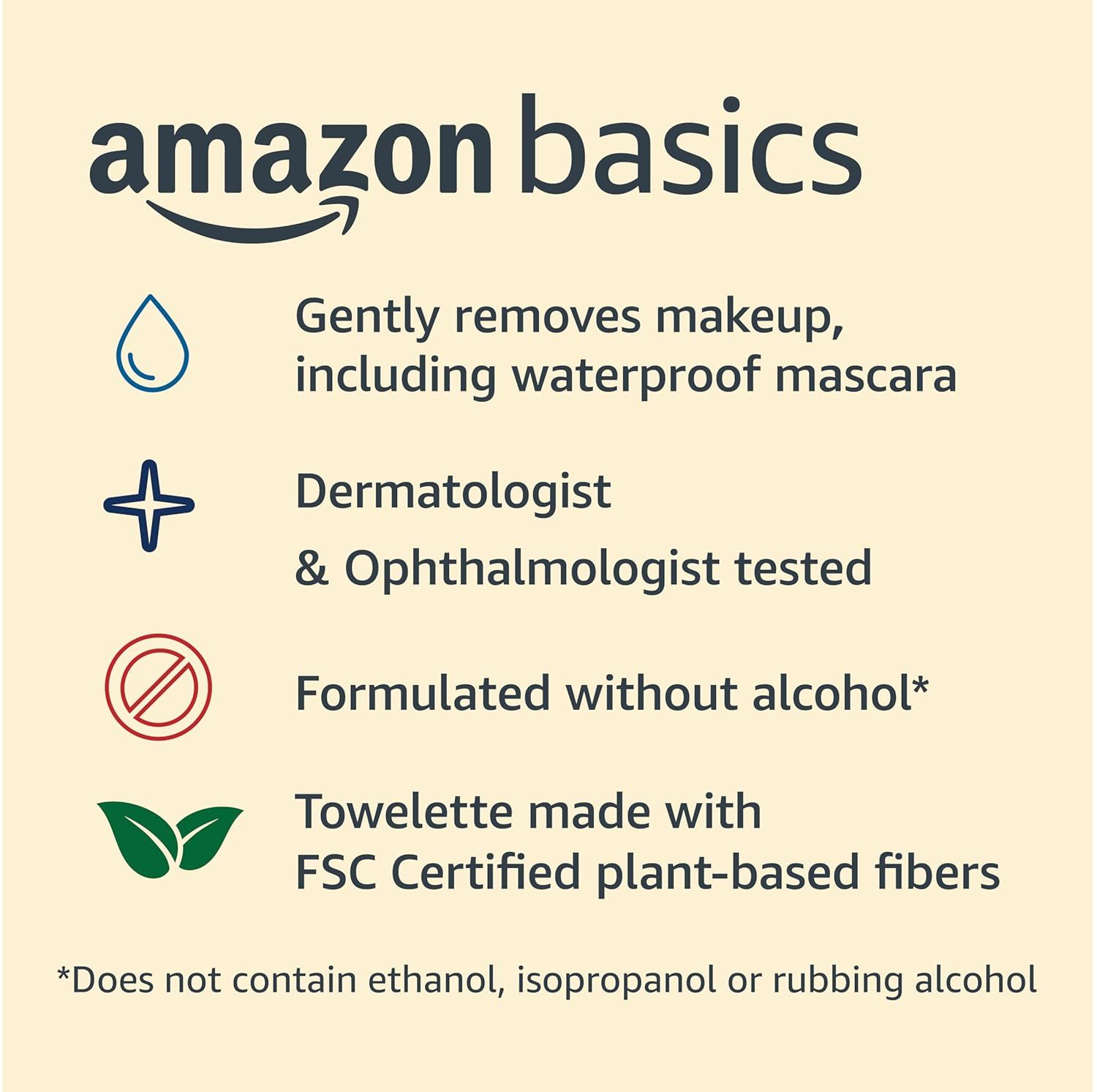 Communicates multiple key benefits of the Amazon Basics makeup remover towelettes in a segmented layout, including gentleness, professional testing, alcohol-free formulation, and eco-friendly…