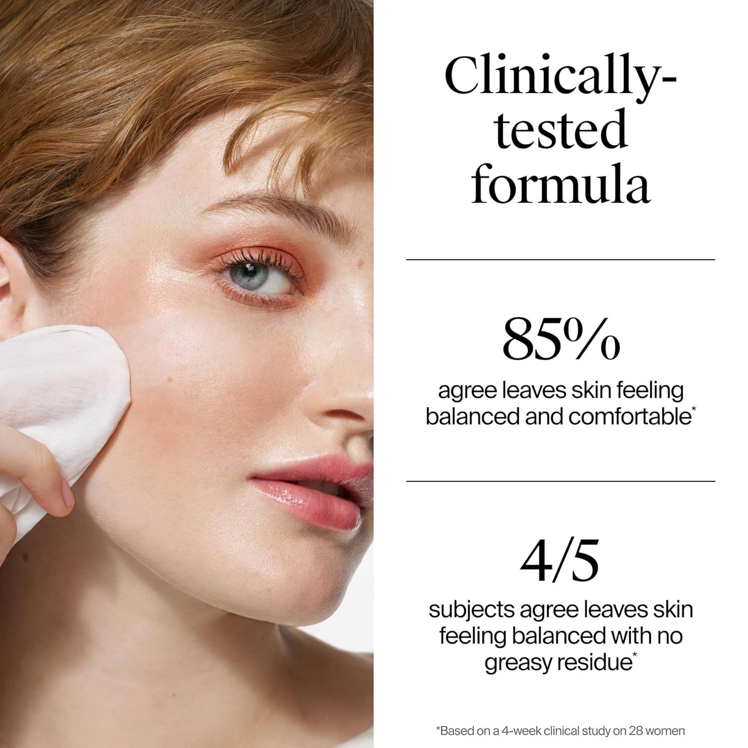 Communicates clinical testing results and quantifiable performance claims to build trust and reassure shoppers that the product delivers proven skin benefits.
