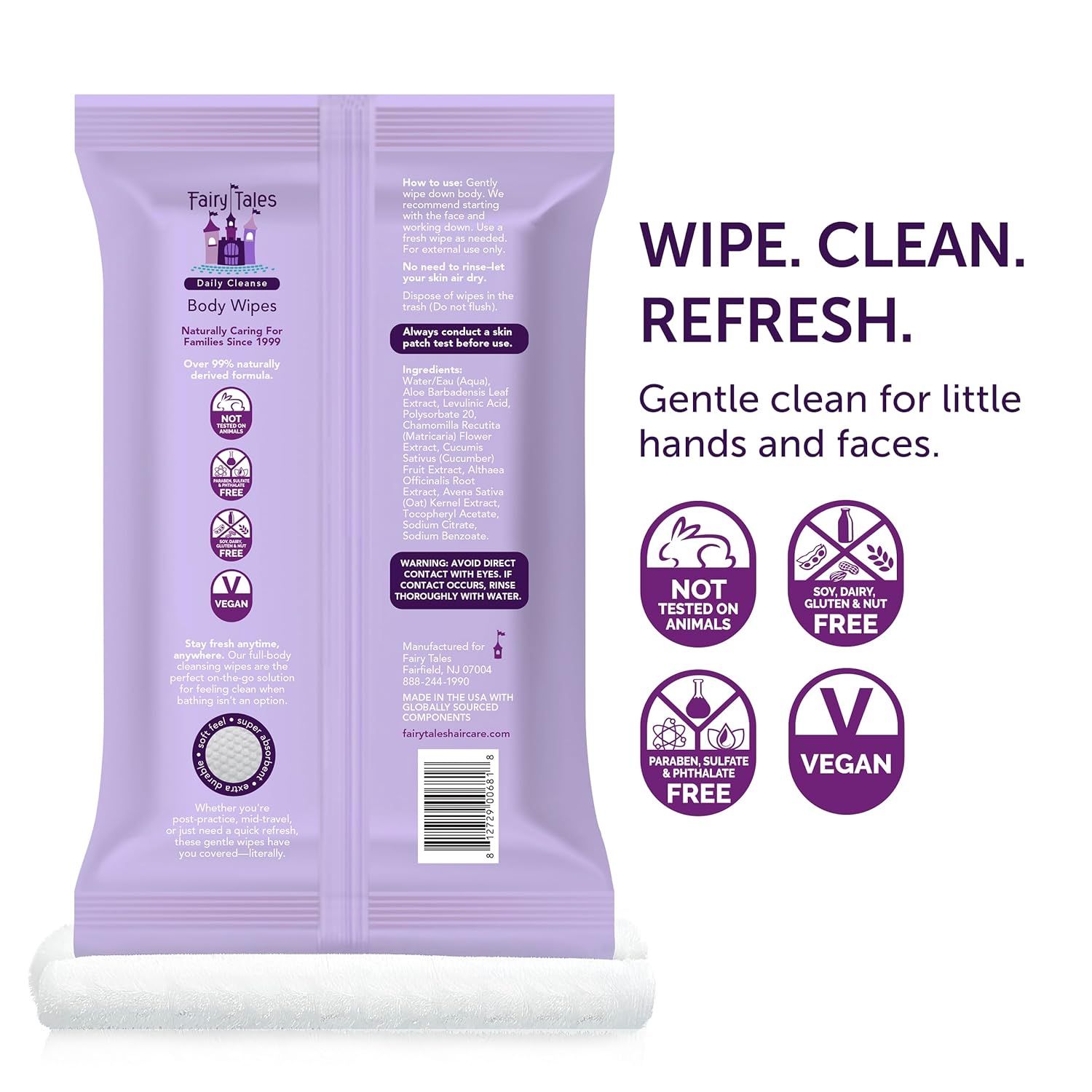 Communicates multiple product benefits and safety/sustainability features in a segmented layout to reassure parents that the wipes are safe, gentle, and ethically made for children. Highlights the…