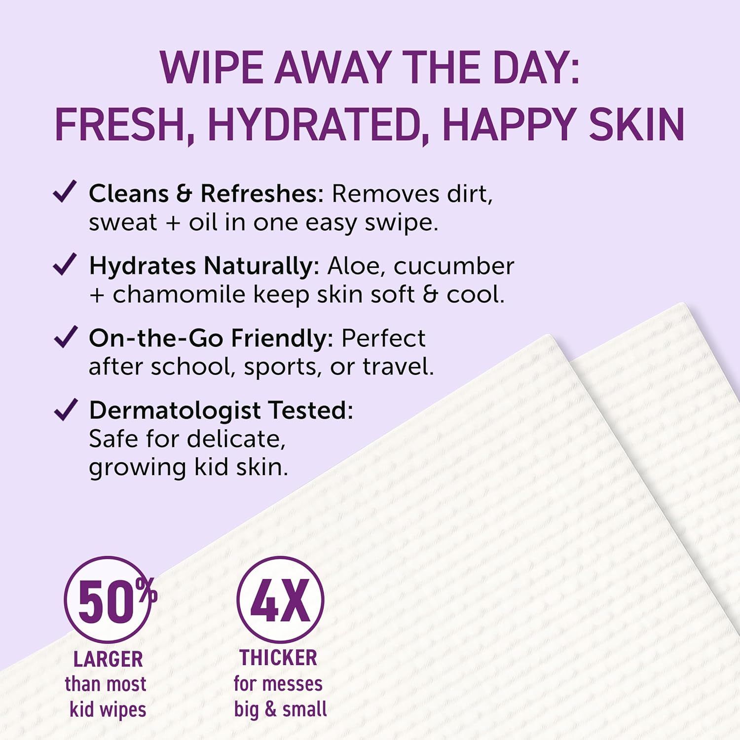 Communicates multiple distinct benefits of the kid wipes in a segmented layout, including cleaning power, natural hydration, portability, safety testing, and superior size/thickness compared to…