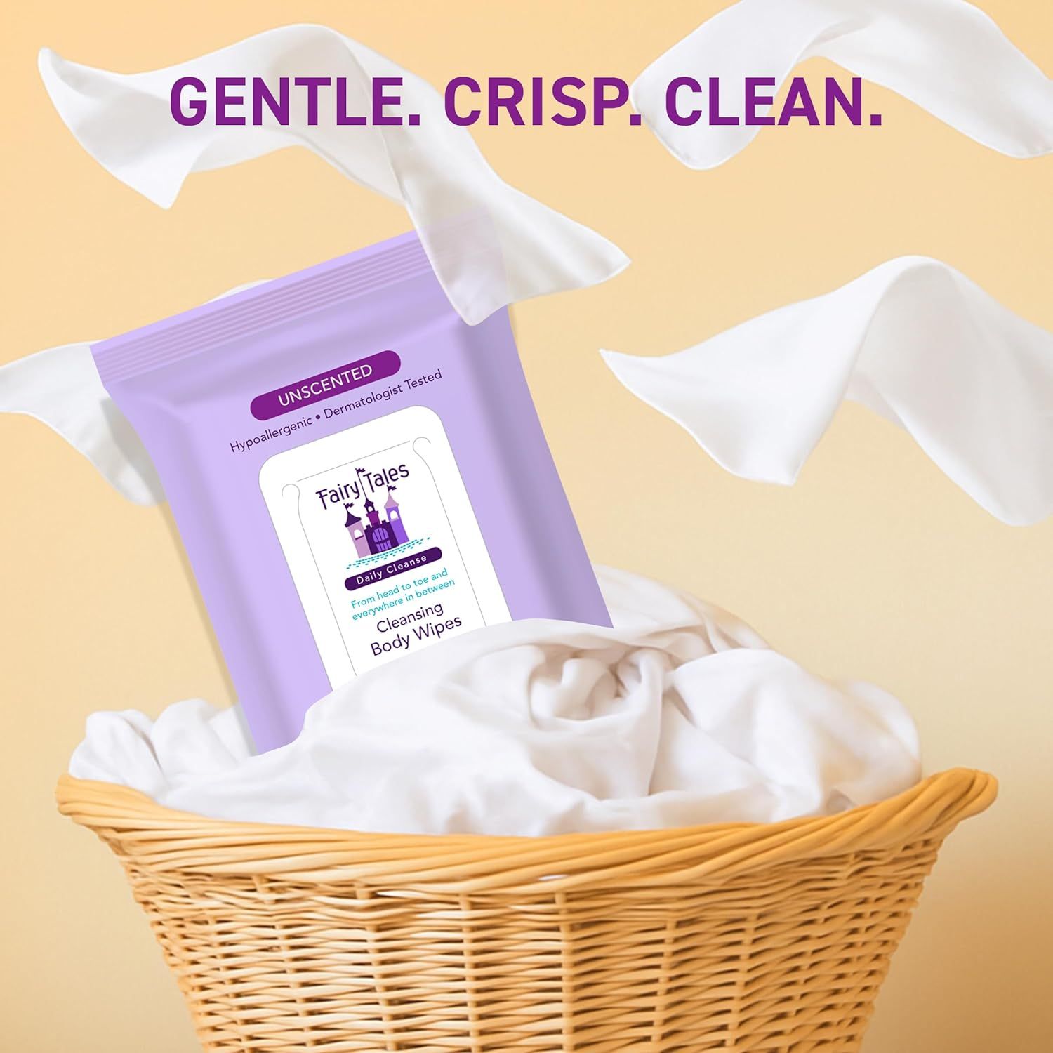 Communicates the product's three key benefits—gentle on skin, crisp feel, and clean results—to reassure shoppers of a pleasant, effective cleansing experience.