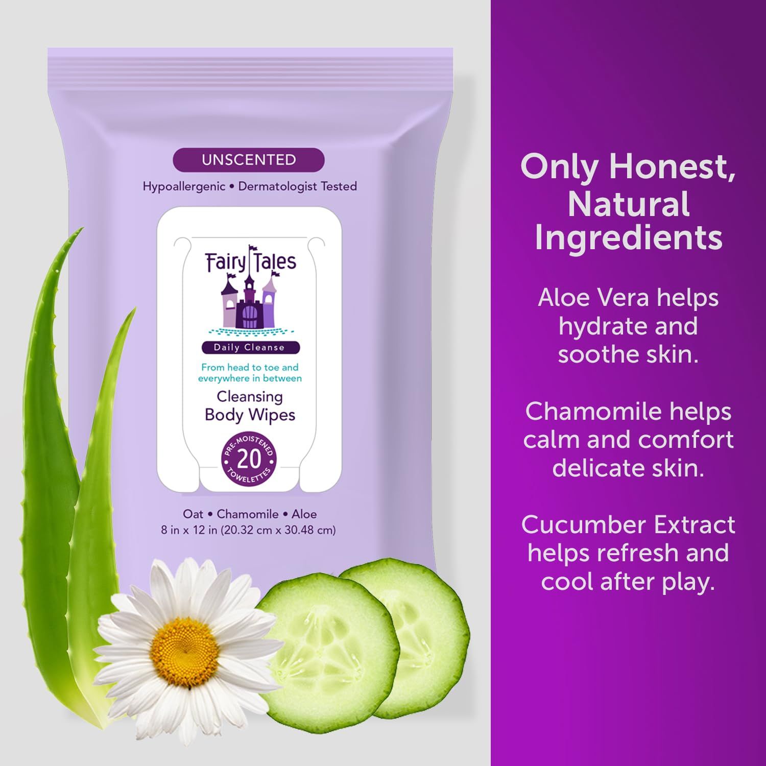 Communicates multiple ingredient-based benefits in a segmented layout to reassure shoppers that the product uses honest, natural ingredients with specific soothing and hydrating properties for…