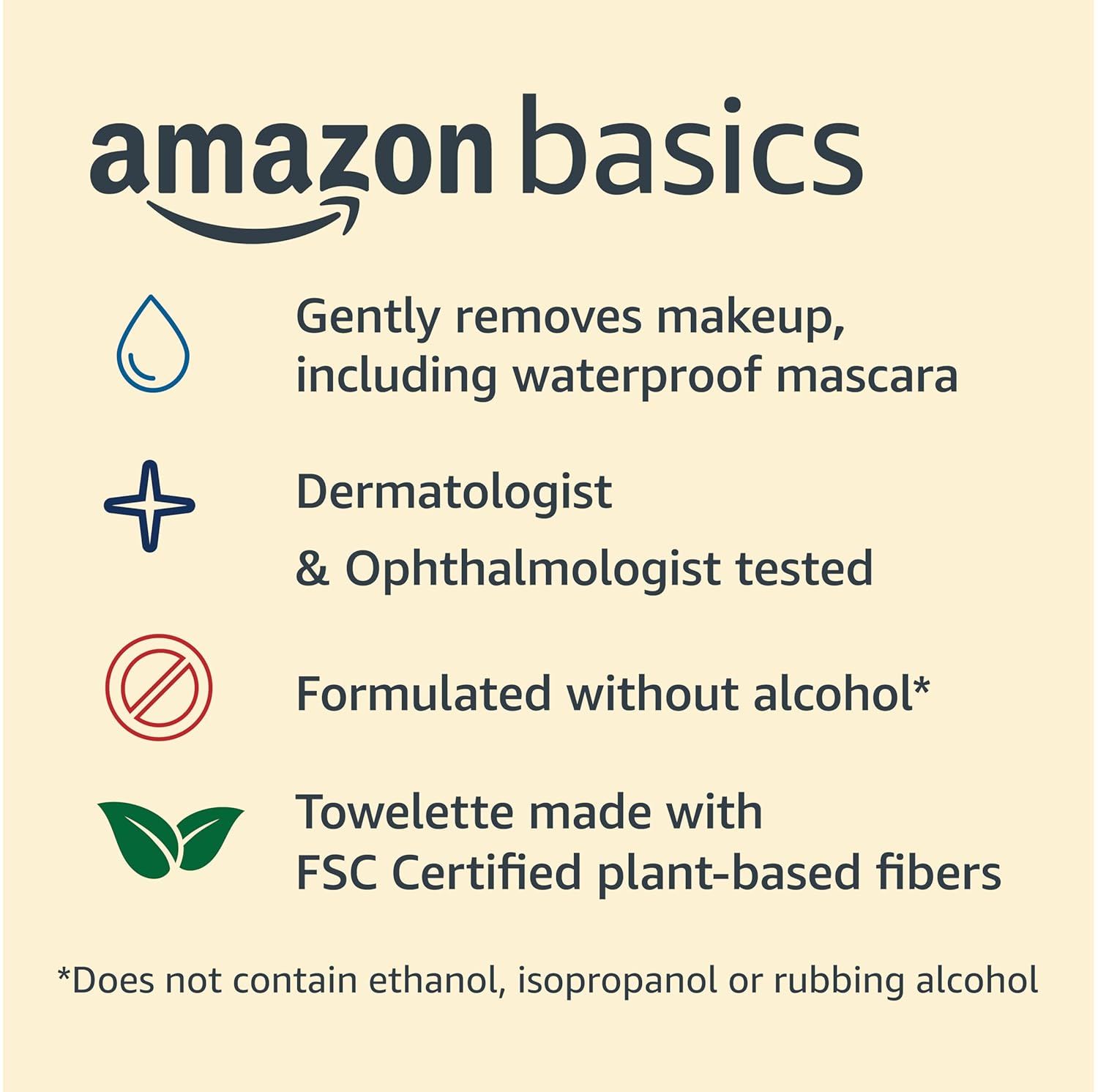 Communicates multiple key benefits of the Amazon Basics makeup remover product in a segmented layout to reassure shoppers about gentleness, safety, formulation, and sustainability.