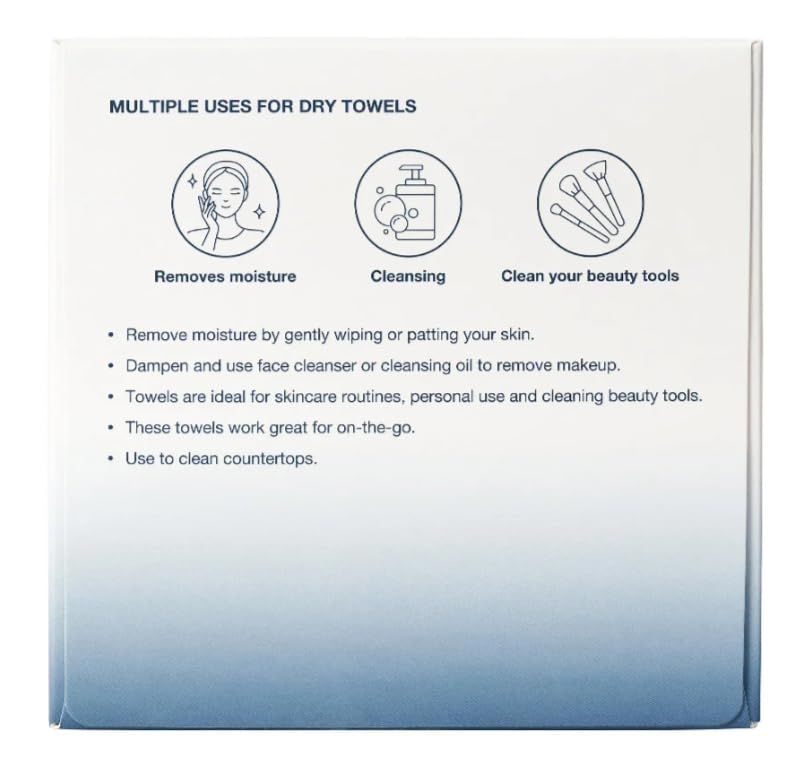 Demonstrates the versatility of dry towels by showing multiple use scenarios including skincare, cleansing, and beauty tool cleaning to communicate the product's multi-functional value.