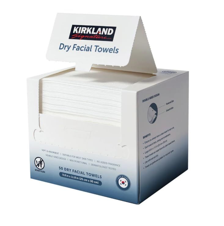 Displays the Kirkland Signature Dry Facial Towels product in its retail packaging on a clean white background, allowing shoppers to see exactly what they will receive.