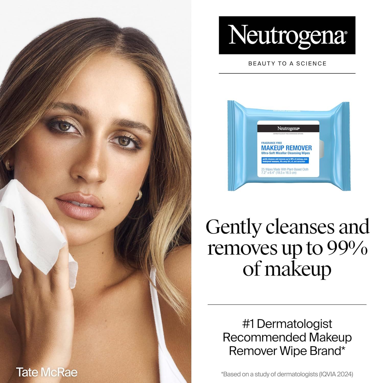 Communicates the product's high performance with a bold quantifiable claim (removes up to 99% of makeup) to reassure shoppers of its effectiveness. Highlights the product's gentle yet effective…
