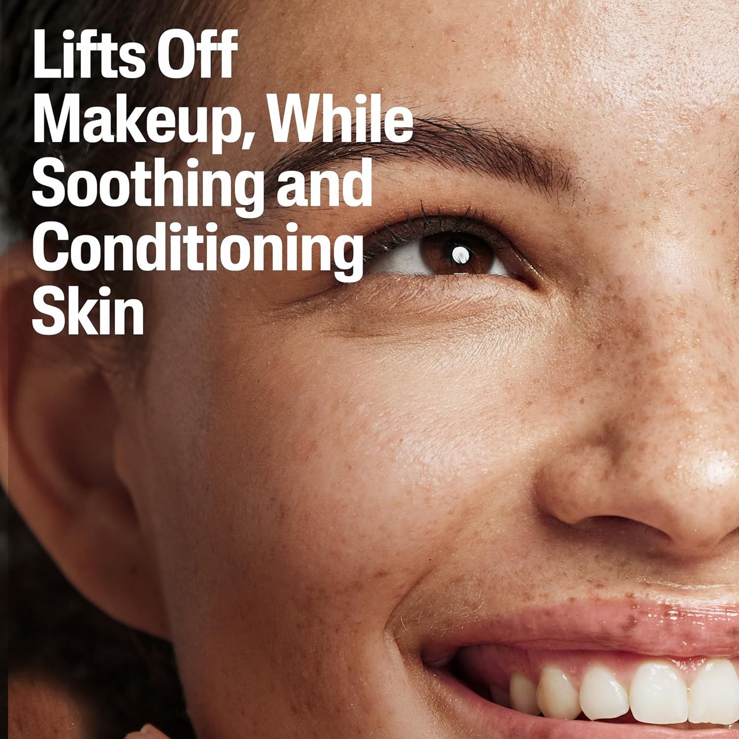 Communicates that the product effectively removes makeup while simultaneously soothing and conditioning the skin, positioning it as a gentle yet effective skincare solution.