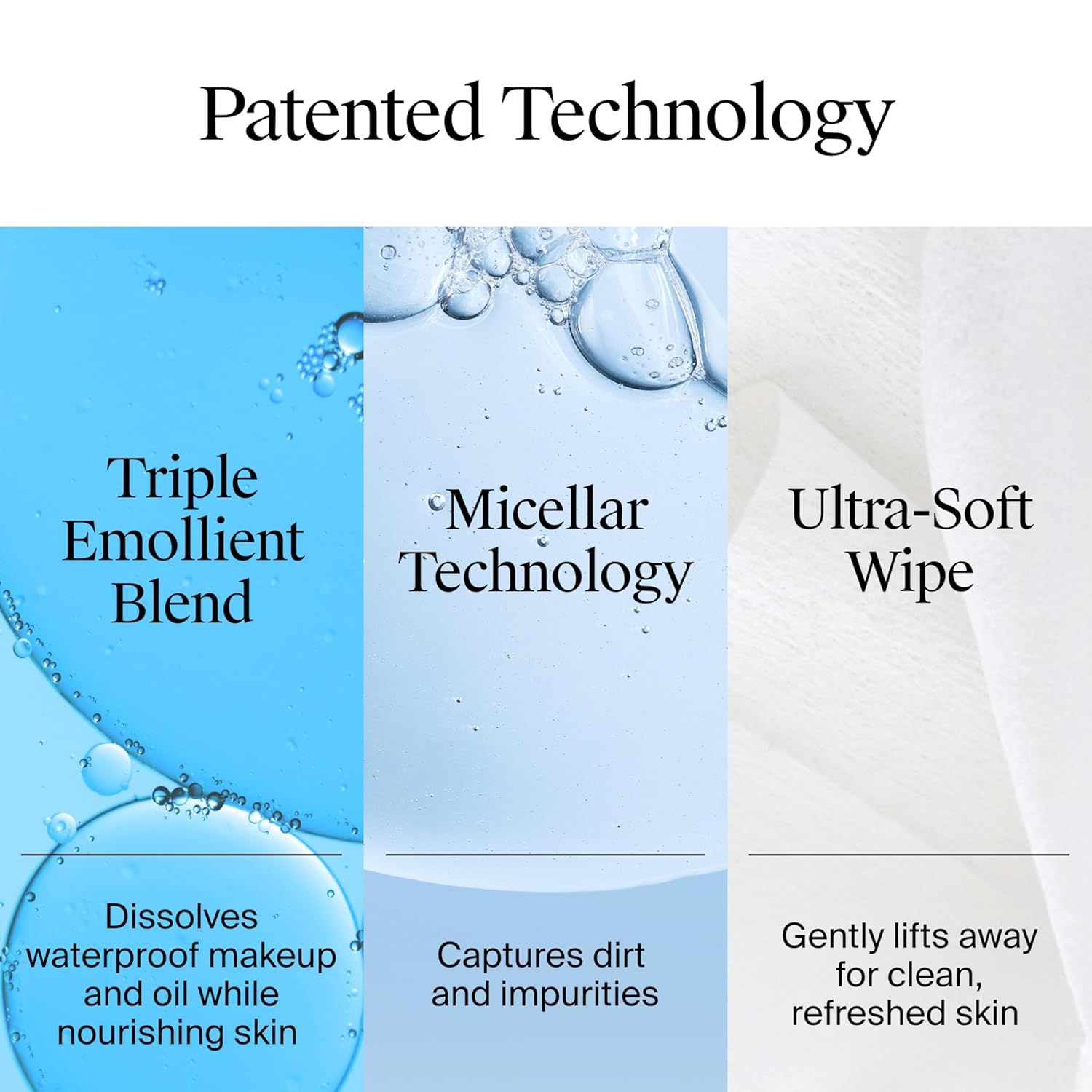 Communicates three distinct patented technologies and their benefits to demonstrate the product's comprehensive skincare approach: dissolving makeup while nourishing, capturing dirt, and gentle…