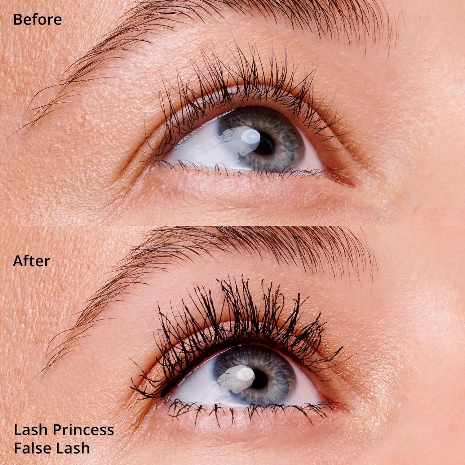 Demonstrates the dramatic transformation achieved by using the Lash Princess False Lash product, showing fuller, longer, and more voluminous lashes to prove product effectiveness.
