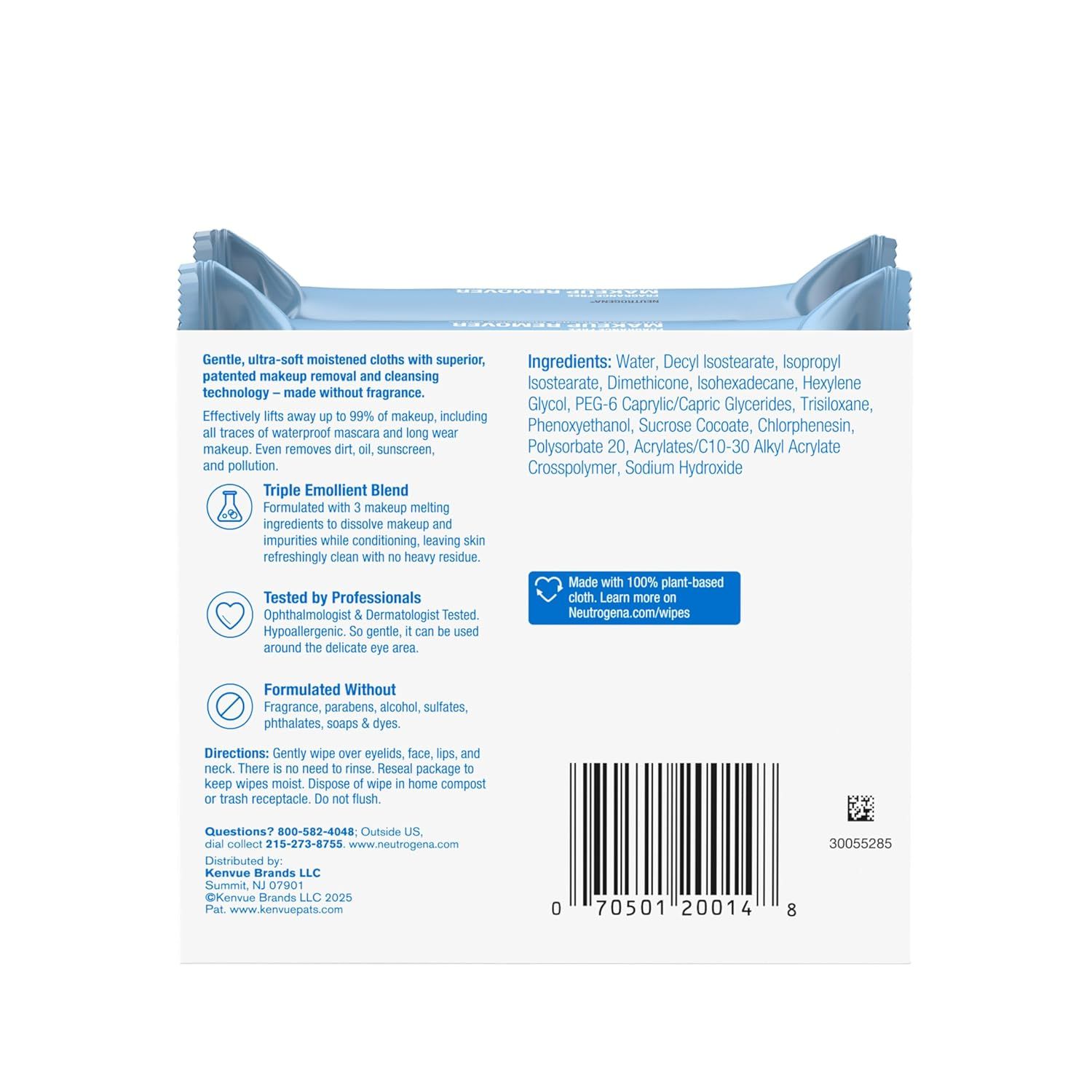 Communicates multiple distinct product benefits including the triple emollient formula, professional testing, clean formulation, and high makeup removal efficacy to reassure shoppers of the…