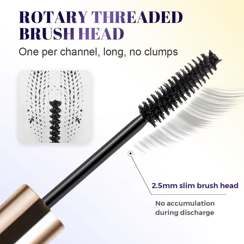 Highlights the physical design features of the mascara brush, including the rotary threaded brush head, slim 2.5mm diameter, and anti-clumping structure to communicate precision and clean application.