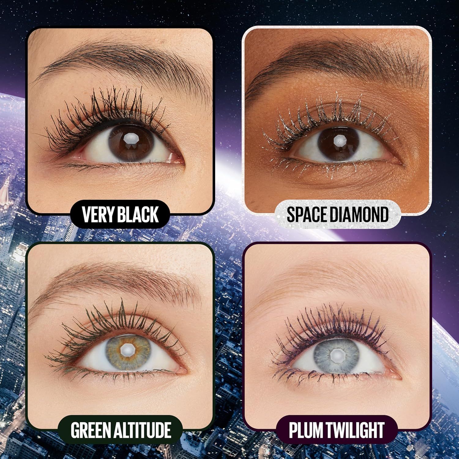 Showcases the brand's mascara product line by displaying four different color/finish options (Very Black, Space Diamond, Green Altitude, Plum Twilight) to help shoppers choose the variant that best…