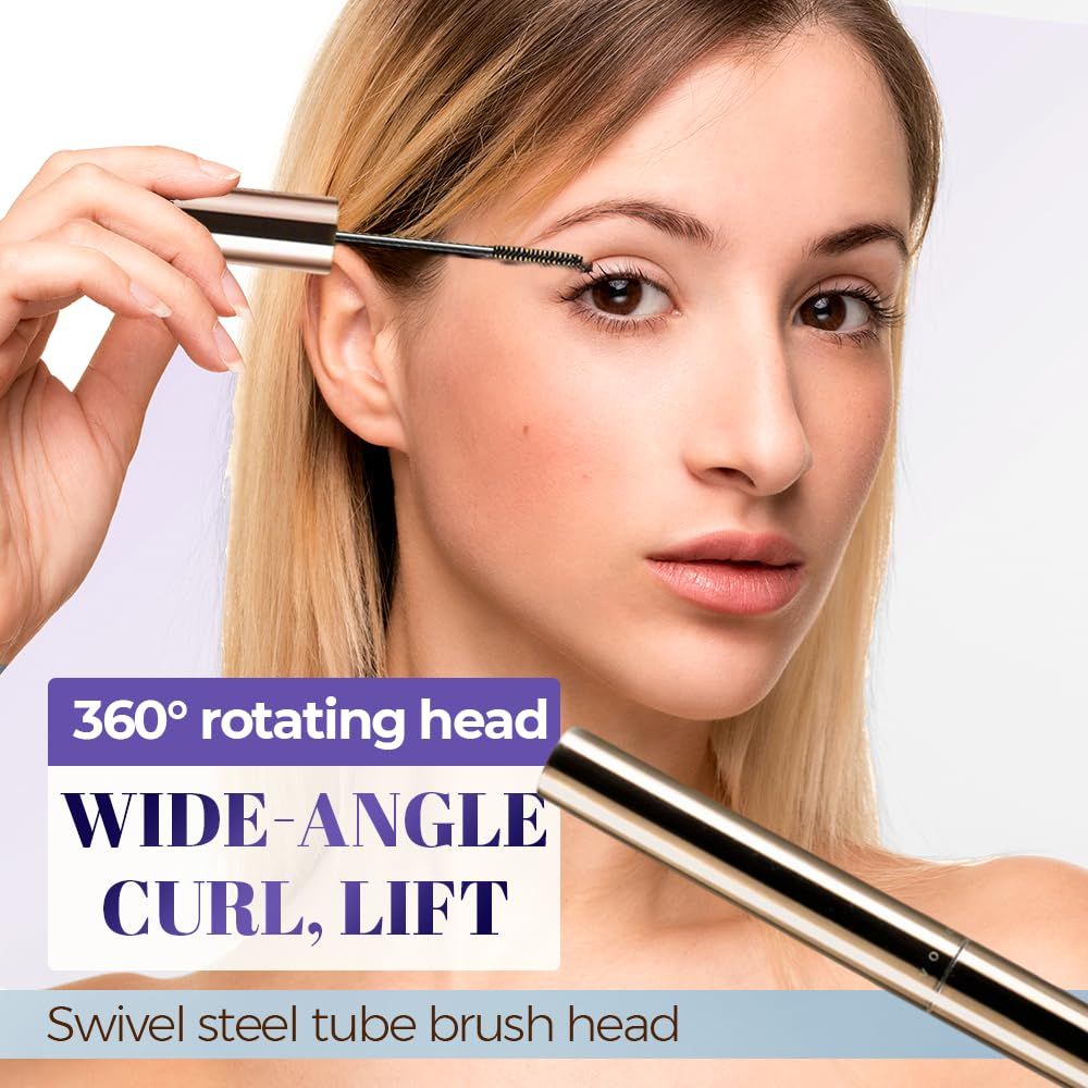 Highlights the mascara's unique 360° rotating head feature that enables wide-angle curling and lifting, demonstrating ease of application and superior lash results.